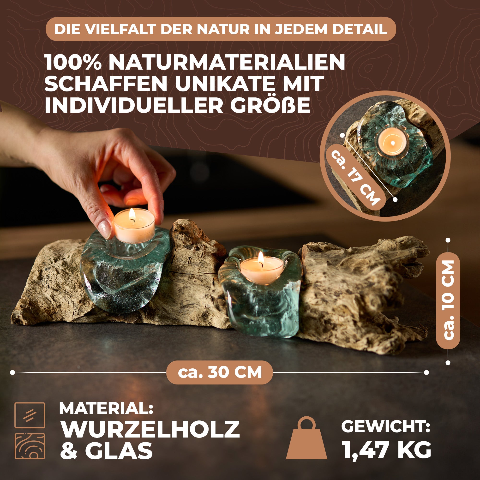 Handgefertigte Teelichter aus Glas und Wurzelholz - 2 Teelichter