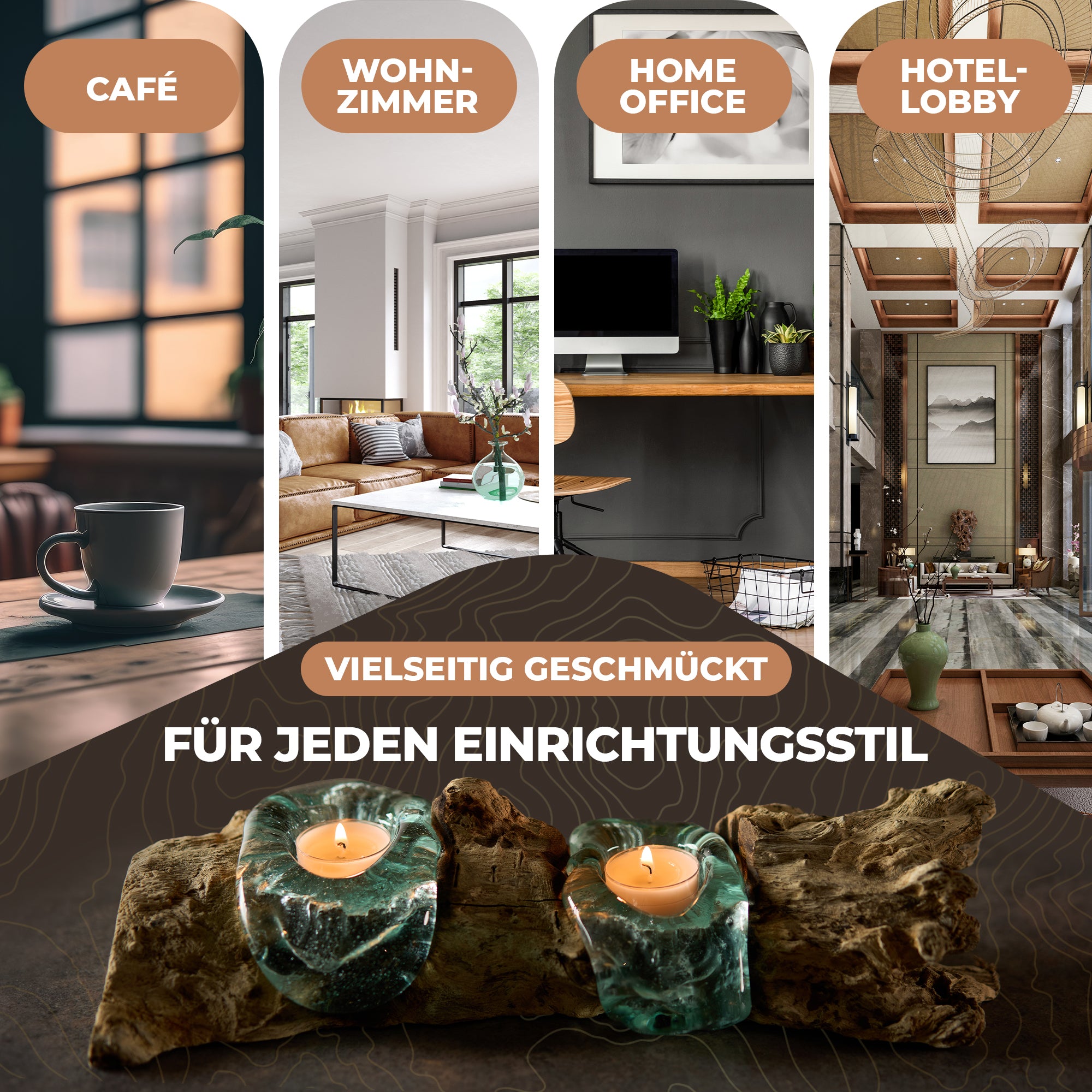 Handgefertigte Teelichter aus Glas und Wurzelholz - 2 Teelichter