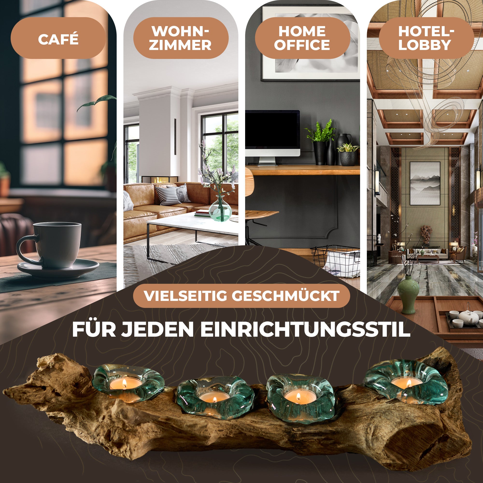 Handgefertigte Teelichter aus Glas und Wurzelholz - 4 Teelichter