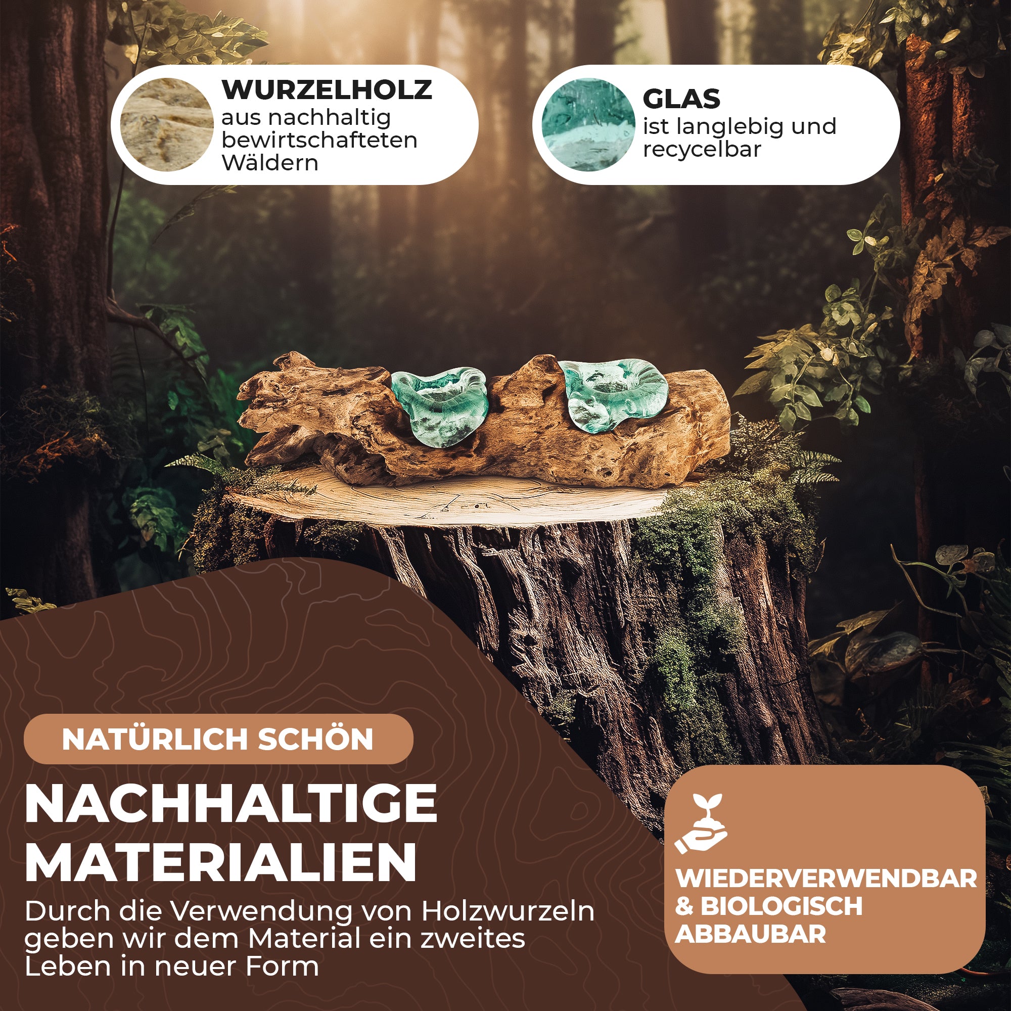 Handgefertigte Teelichter aus Glas und Wurzelholz - 2 Teelichter