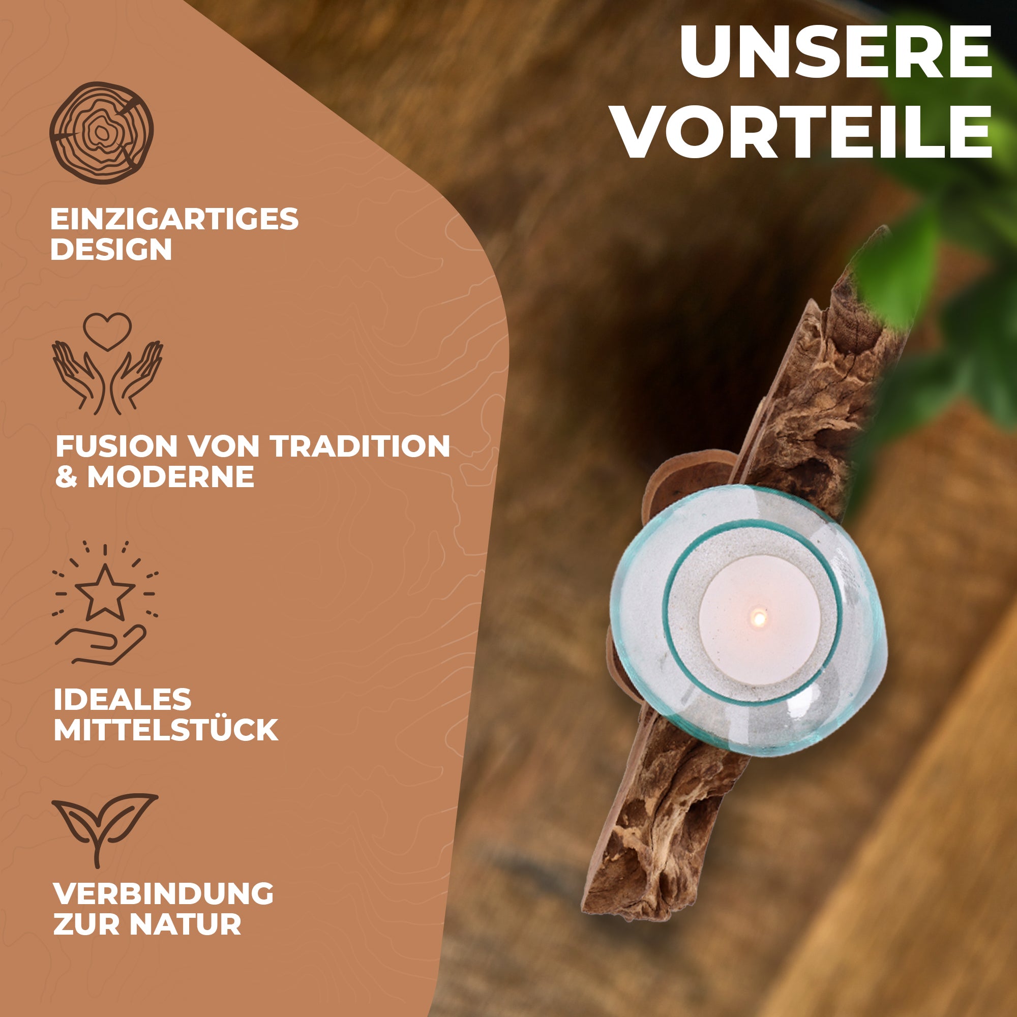 Herzskulptur aus Wurzelholz mit mundgeblasenem Glas – Handgefertigte Naturdeko, Teelichthalter, nachhaltige Boho-Dekoration