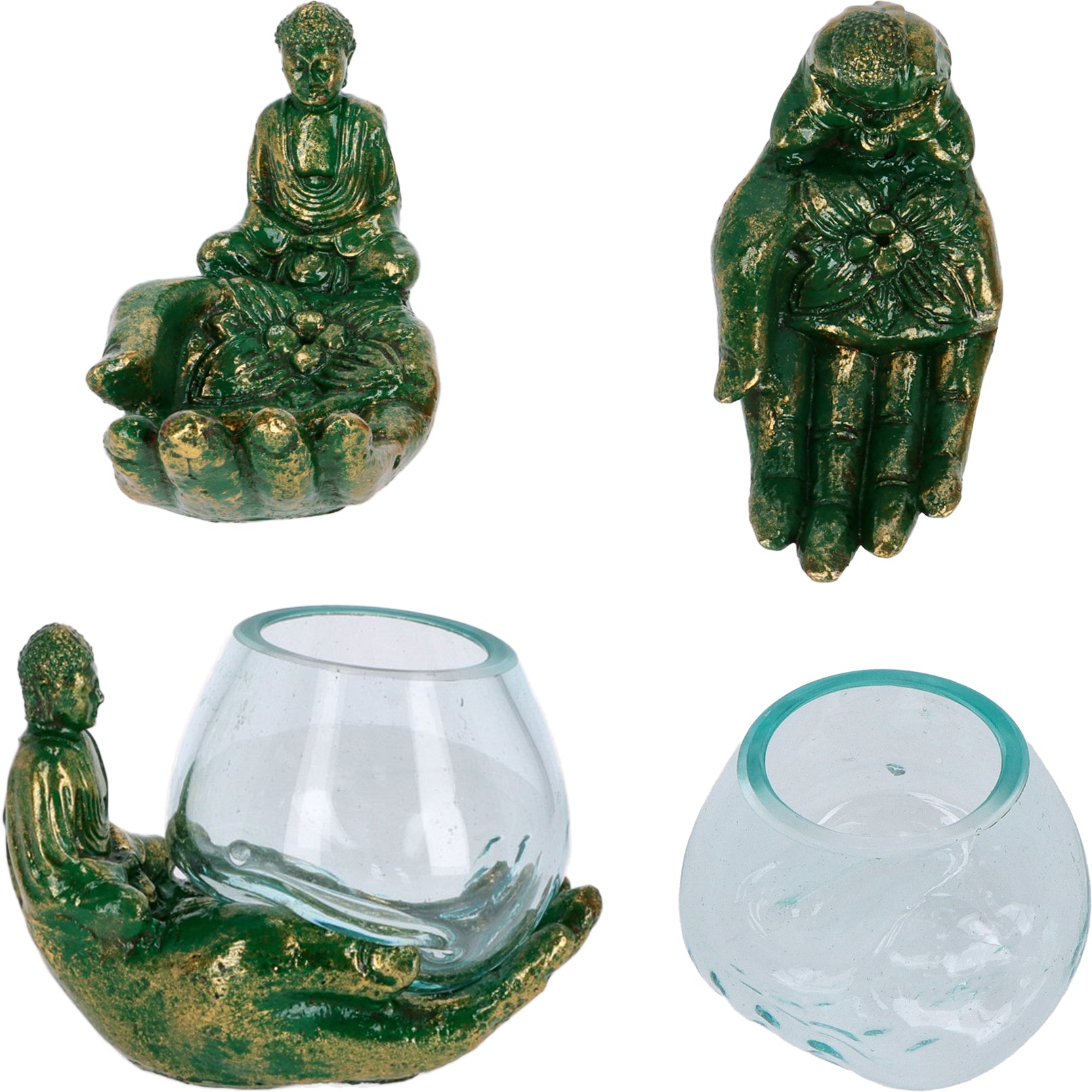Handgefertigte Buddha-Hand mit mundgeblasenem Glas – Teelichthalter & Deko-Schale