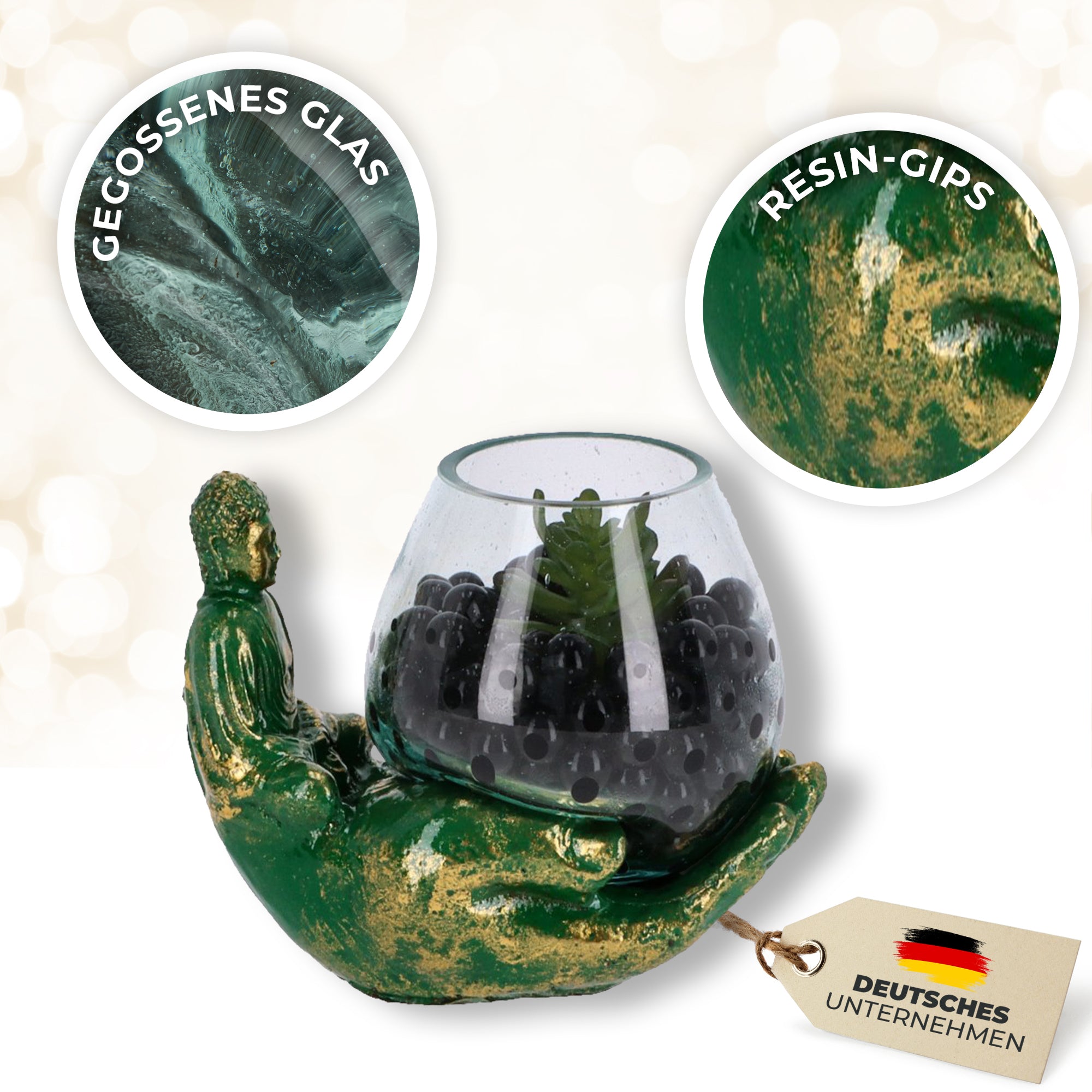 Handgefertigte Buddha-Hand mit mundgeblasenem Glas – Teelichthalter & Deko-Schale