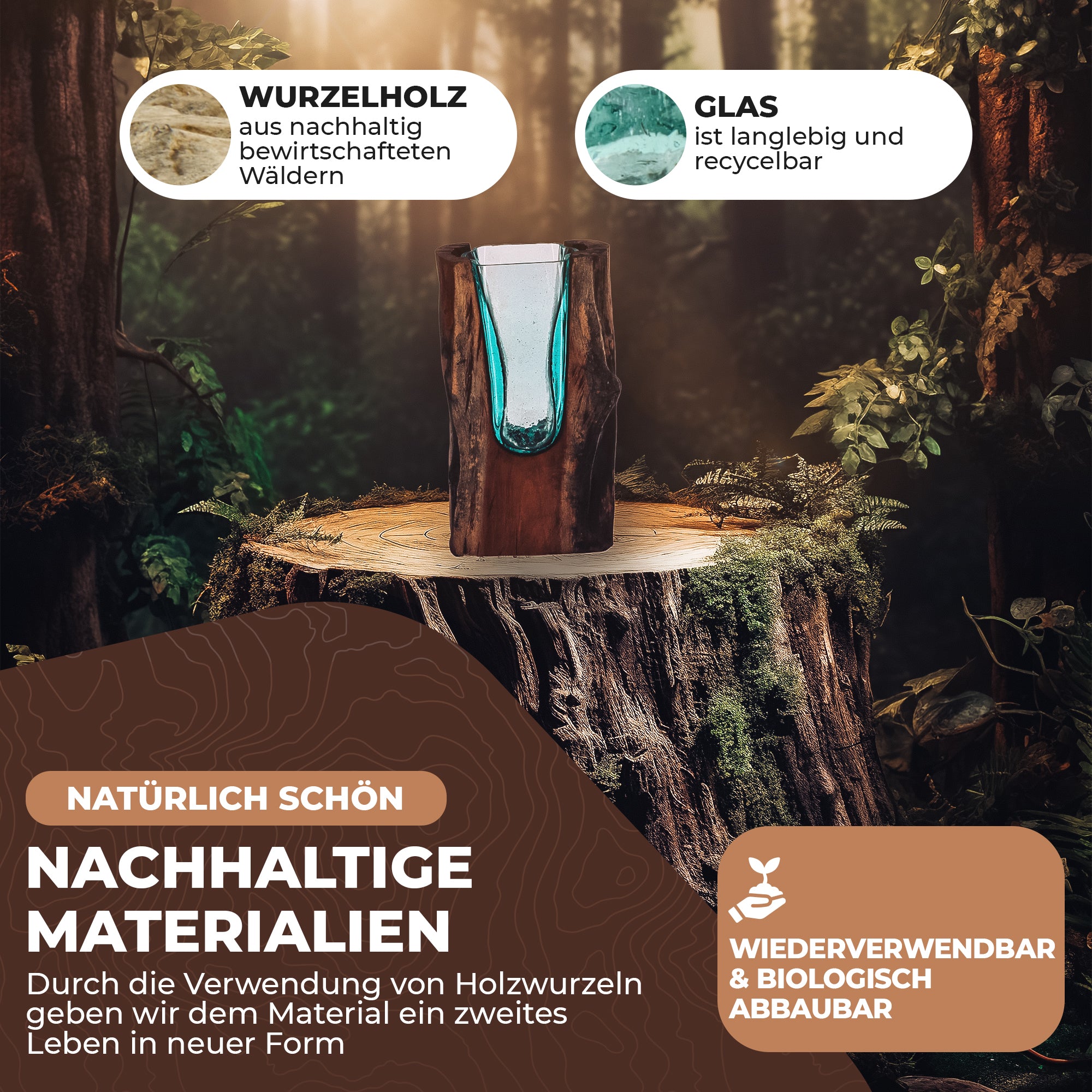 Designer-Vase aus Wurzelholz mit mundgeblasenem Glas – Handgefertigt und Nachhaltig U Vase (30cm)