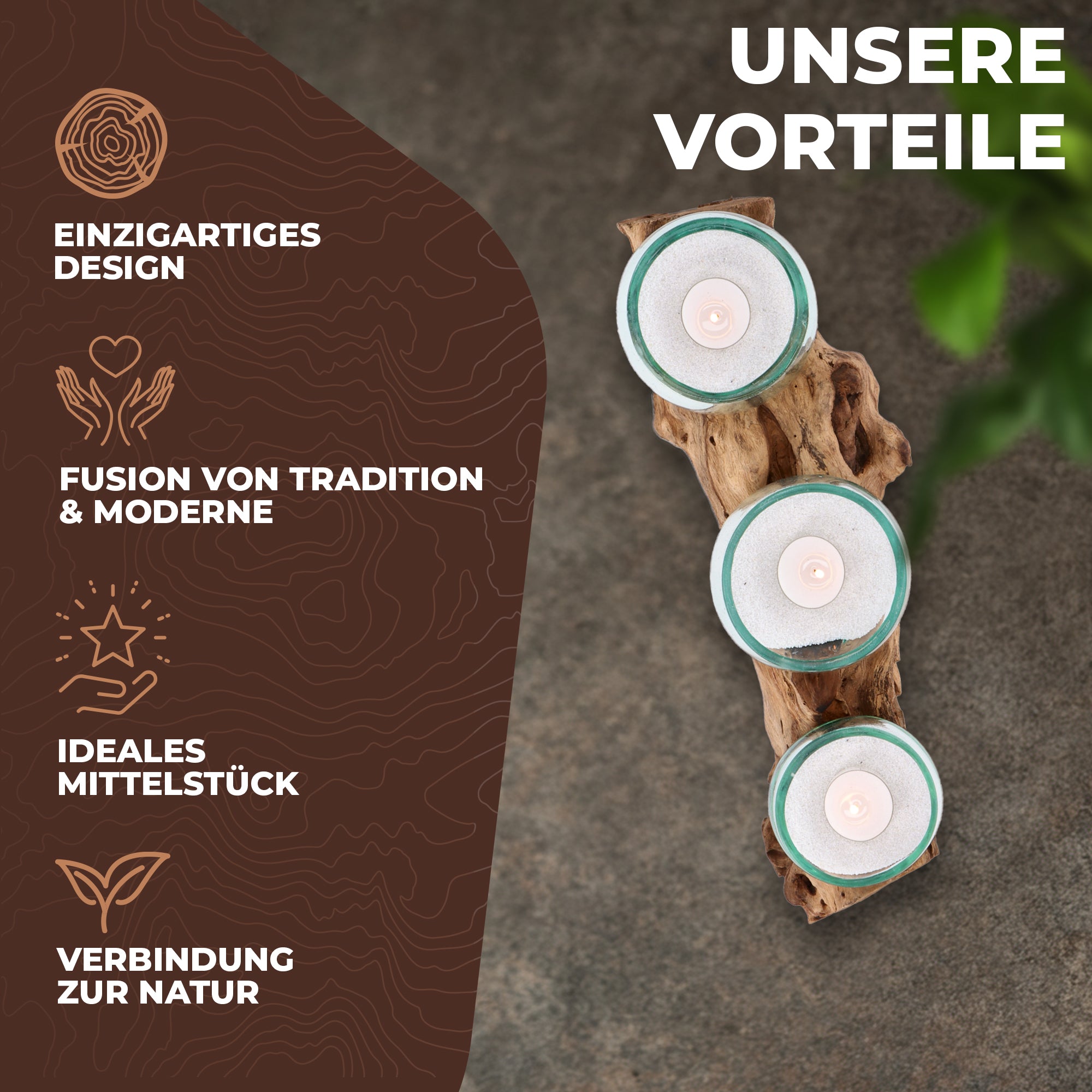 Teelichthalter aus Glas auf Wurzelholz – Handgefertigtes Unikat mit 3 Gläsern – Naturdeko & Tischlicht