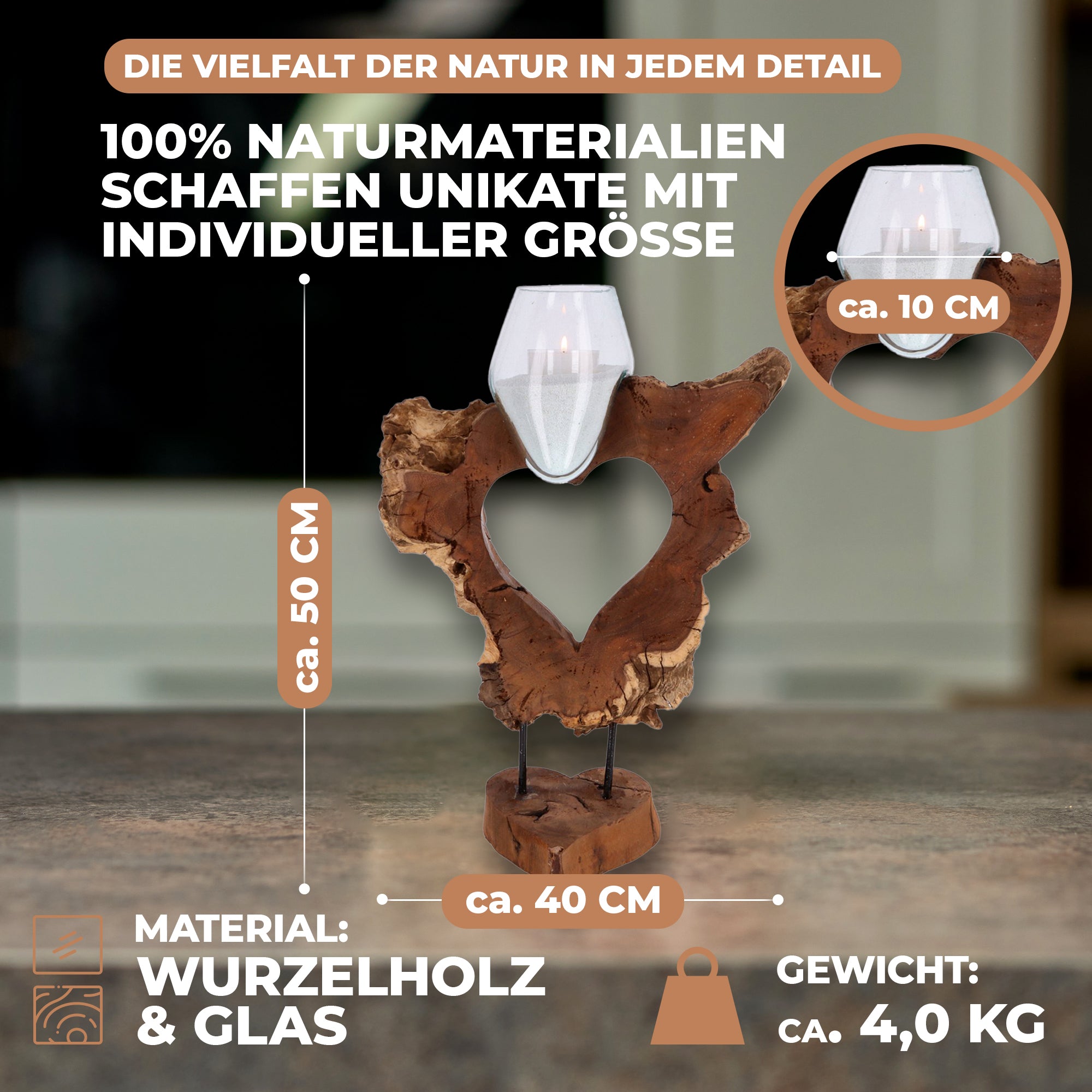 Herzskulptur aus Wurzelholz mit mundgeblasenem Glas – Handgefertigte Naturdeko, Teelichthalter, nachhaltige Boho-Dekoration