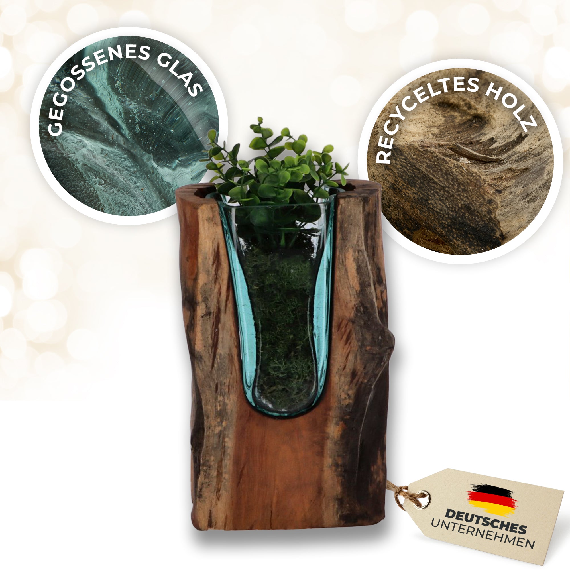 Designer-Vase aus Wurzelholz mit mundgeblasenem Glas – Handgefertigt und Nachhaltig U Vase (30cm)