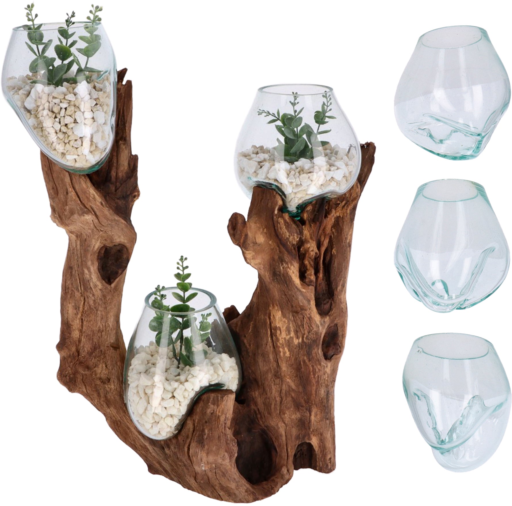 Große Glas-Dekoschale auf Wurzelholz – Handgefertigtes Unikat mit 3 Glaskugeln – Naturdeko aus recyceltem Glas und Holz