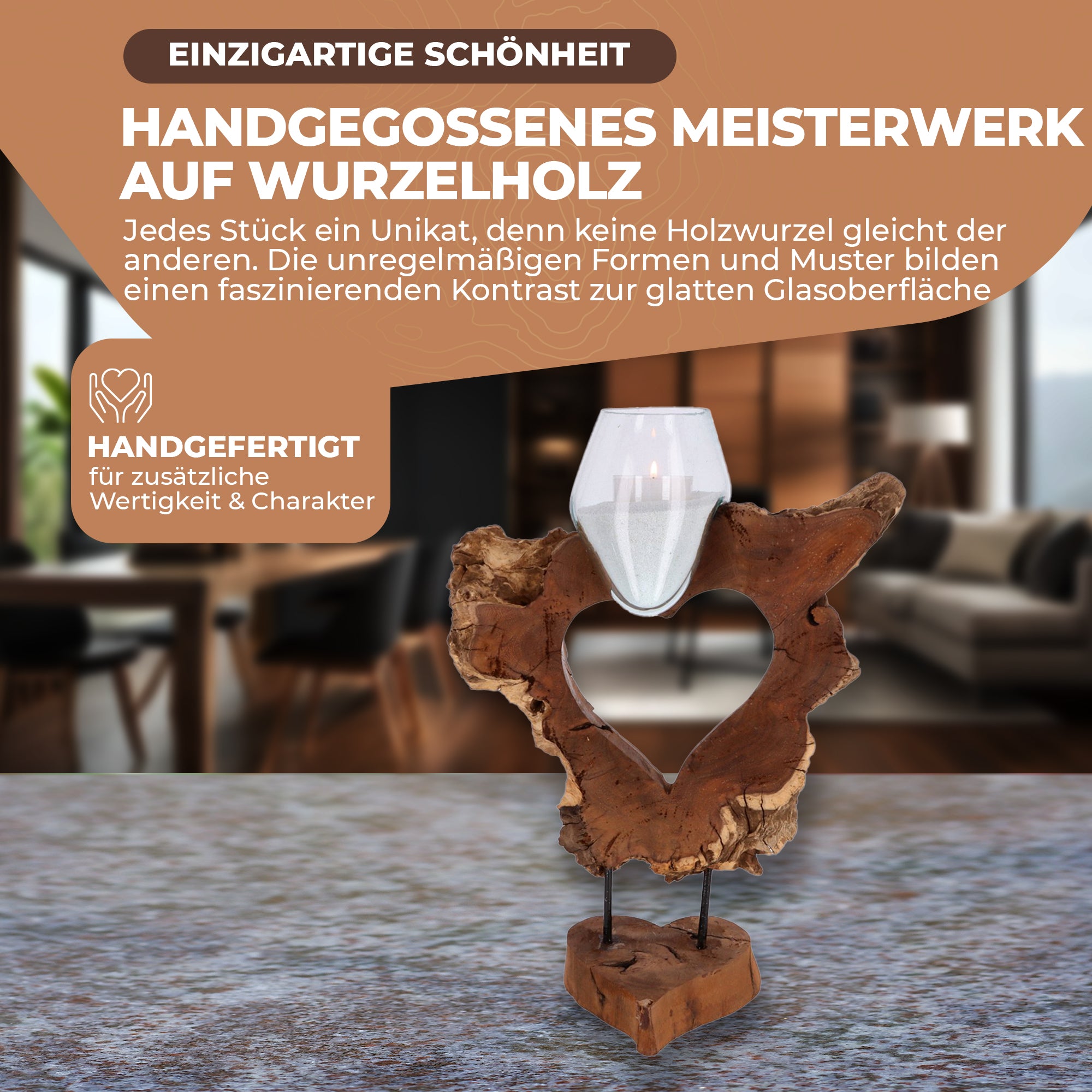 Herzskulptur aus Wurzelholz mit mundgeblasenem Glas – Handgefertigte Naturdeko, Teelichthalter, nachhaltige Boho-Dekoration
