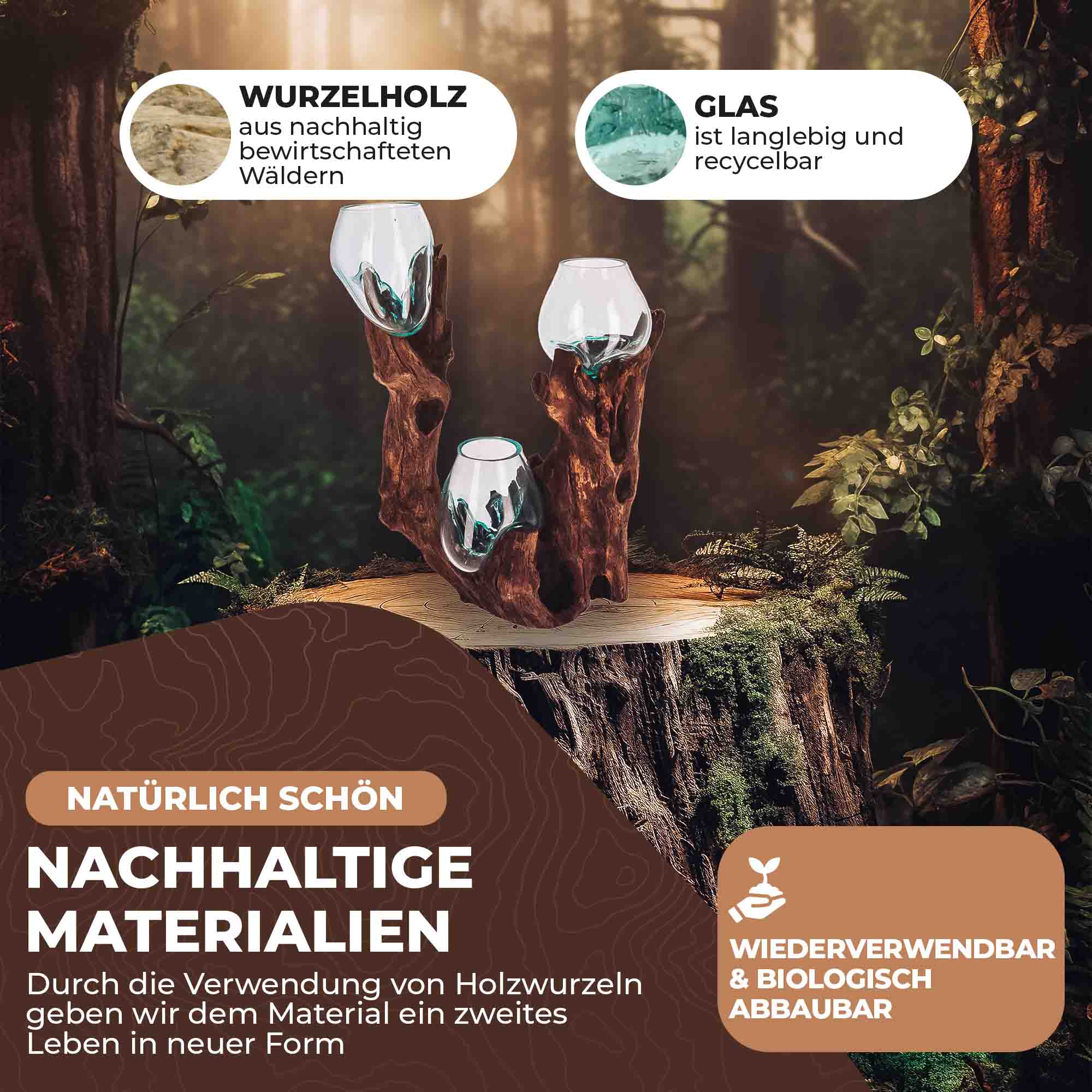 Große Glas-Dekoschale auf Wurzelholz – Handgefertigtes Unikat mit 3 Glaskugeln – Naturdeko aus recyceltem Glas und Holz