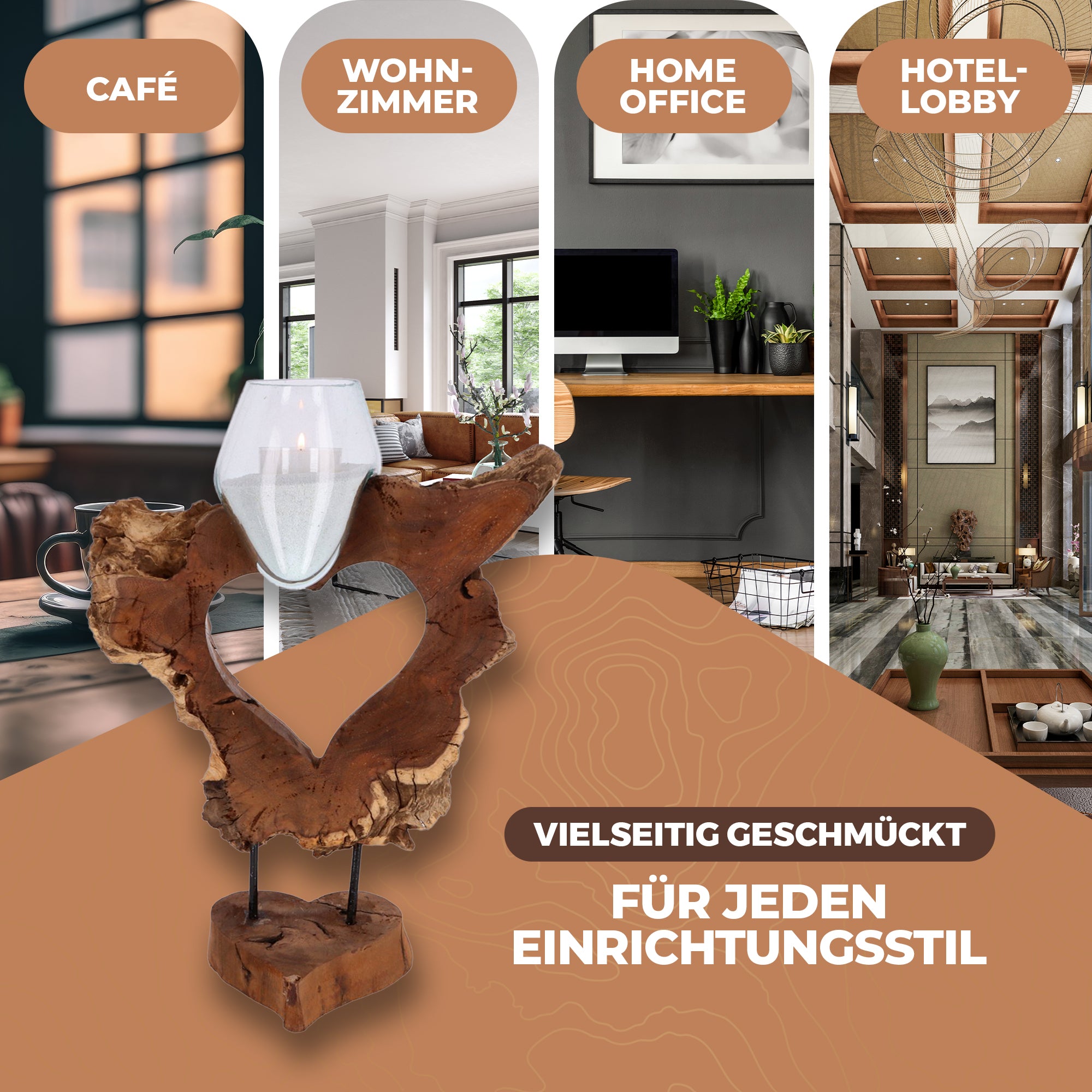Herzskulptur aus Wurzelholz mit mundgeblasenem Glas – Handgefertigte Naturdeko, Teelichthalter, nachhaltige Boho-Dekoration