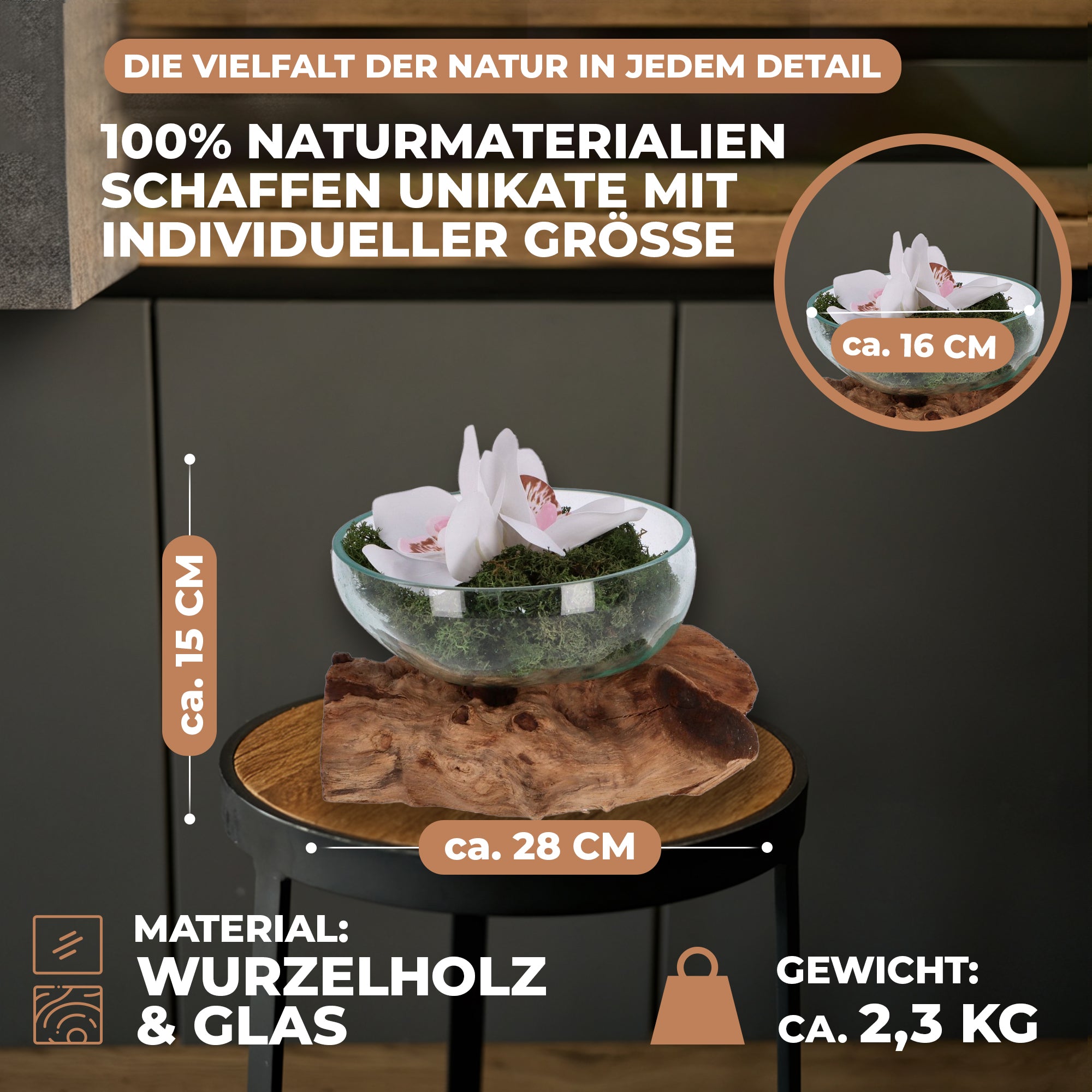 Flache Glas-Dekoschale auf Wurzelholz – Handgemachtes Unikat aus recyceltem Glas und naturbelassenem Holz
