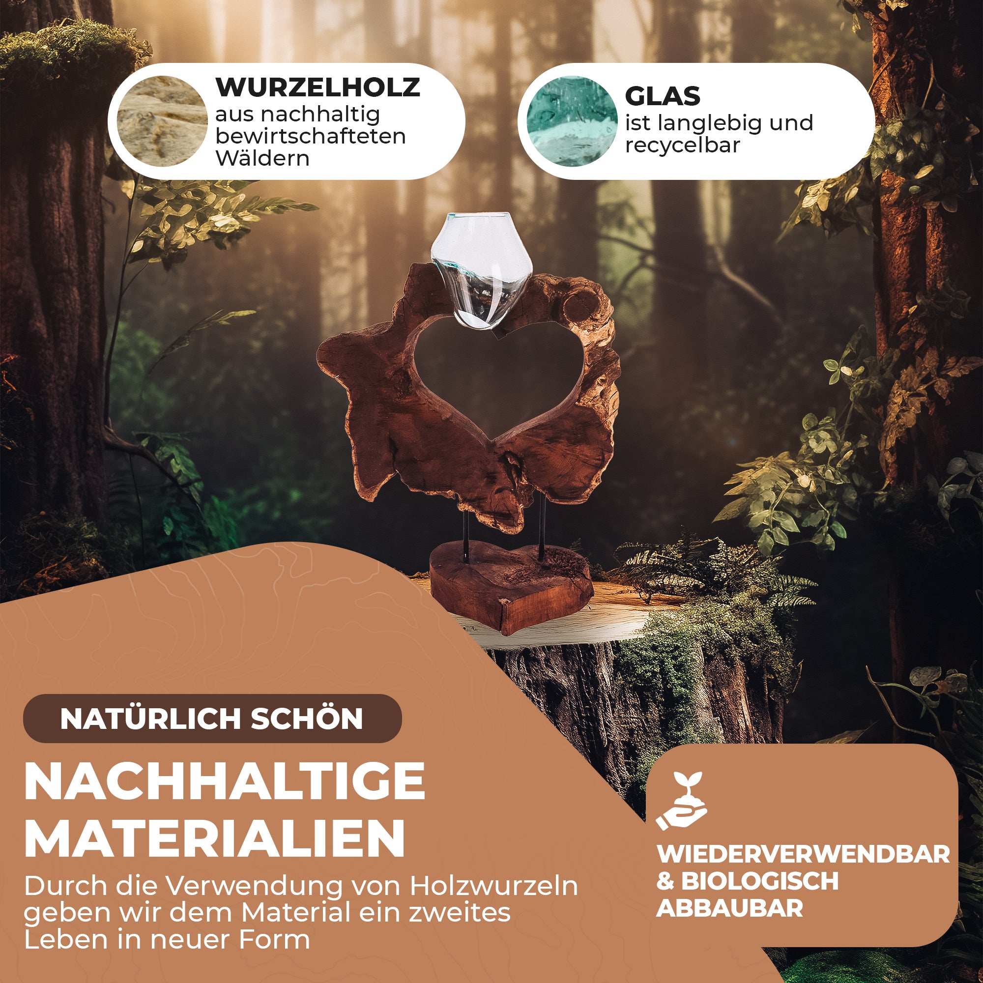 Herzskulptur aus Wurzelholz mit mundgeblasenem Glas – Handgefertigte Naturdeko, Teelichthalter, nachhaltige Boho-Dekoration