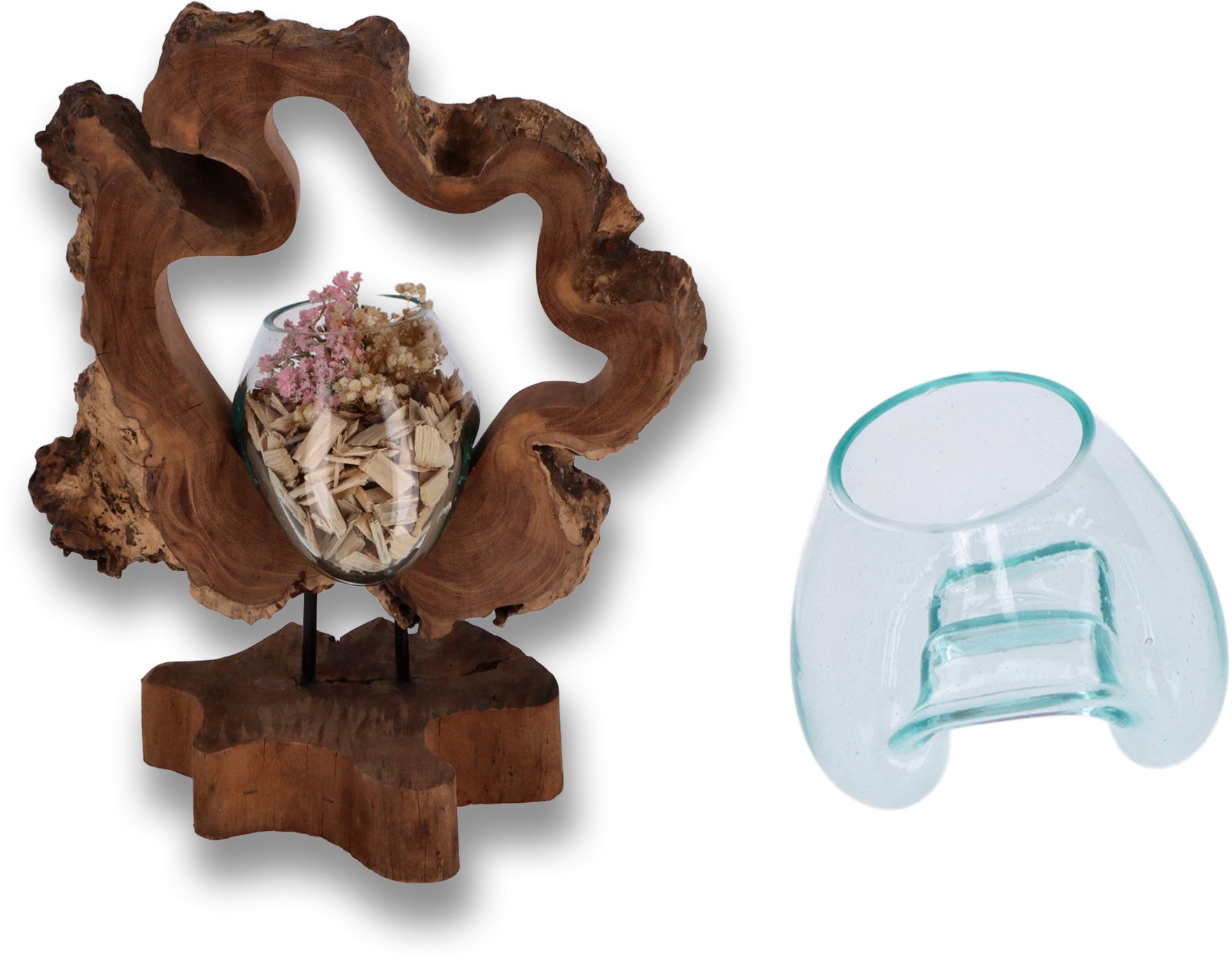Handgefertigte Holzskulptur mit Glas – Nachhaltige Deko aus Wurzelholz | Modernes Wohnaccessoire