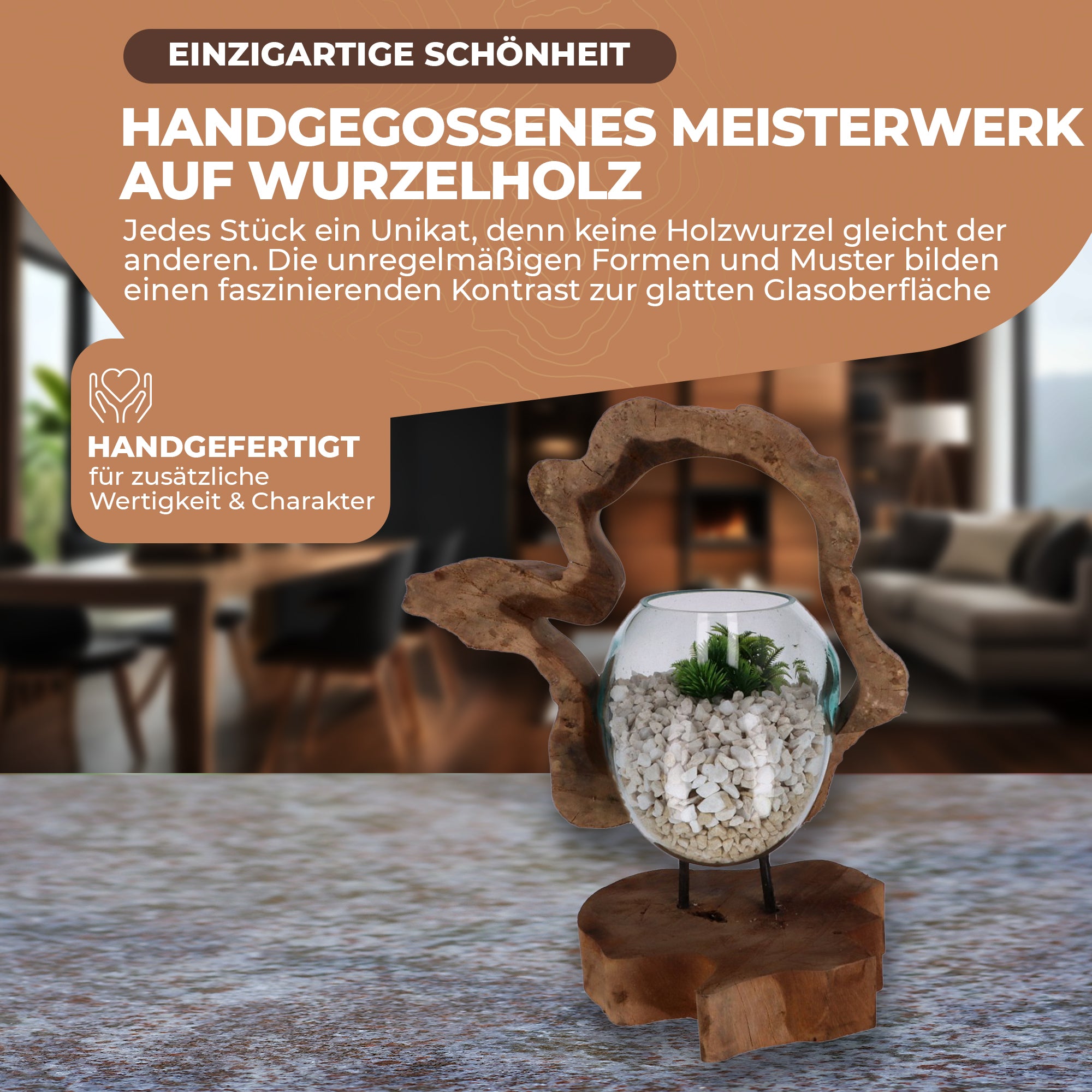 Handgefertigte Holzskulptur mit Glas – Nachhaltige Deko aus Wurzelholz | Modernes Wohnaccessoire (Kopie)