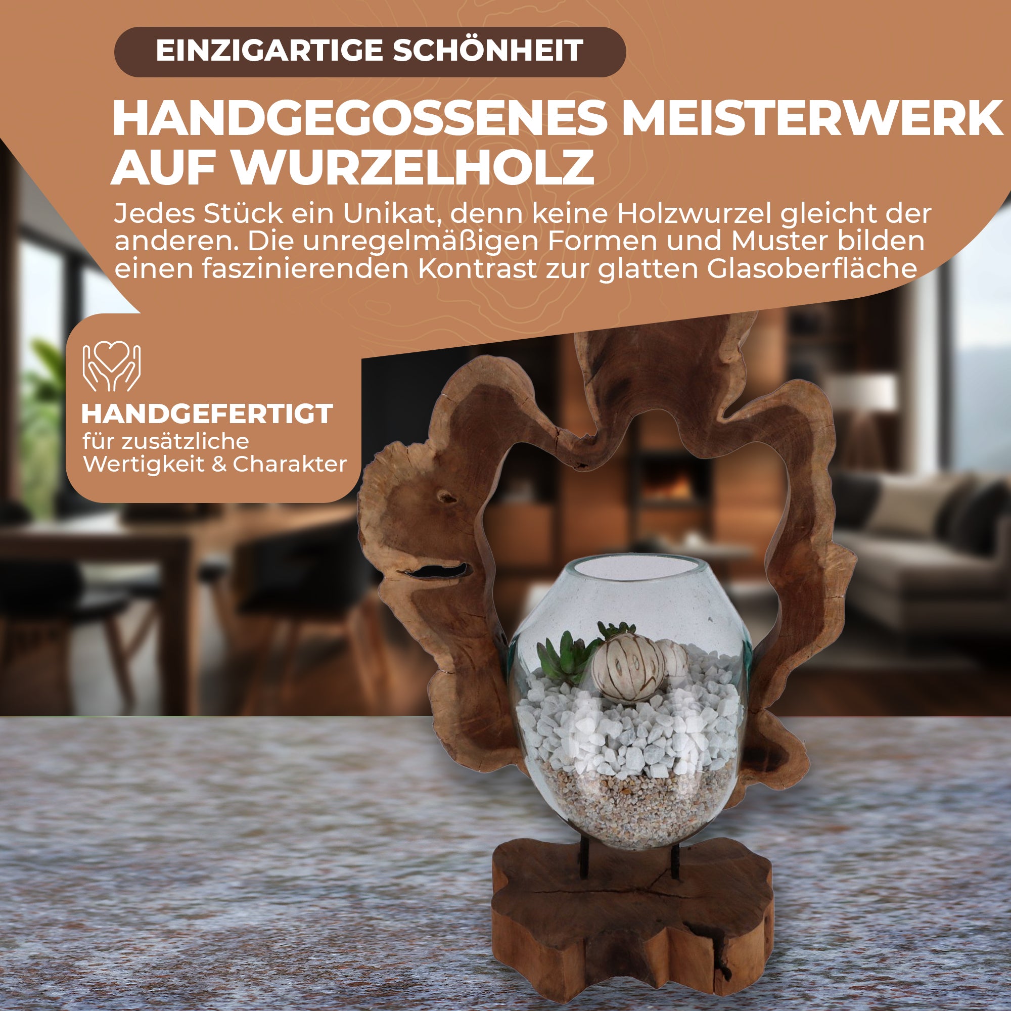 Handgefertigte Wurzelholz-Skulptur mit Glas – Natürliches Unikat als Wohnaccessoire