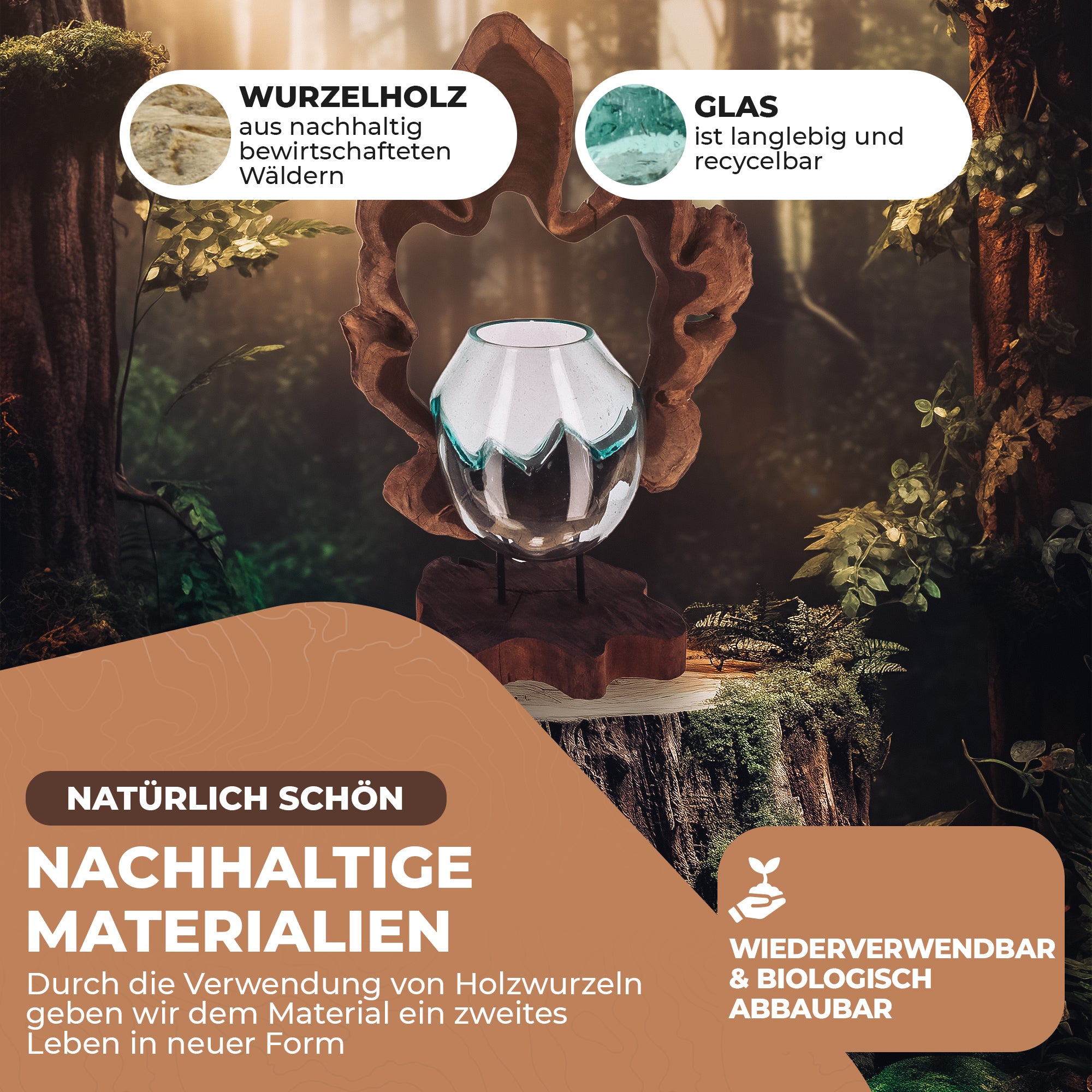 Handgefertigte Wurzelholz-Skulptur mit Glas – Natürliches Unikat als Wohnaccessoire