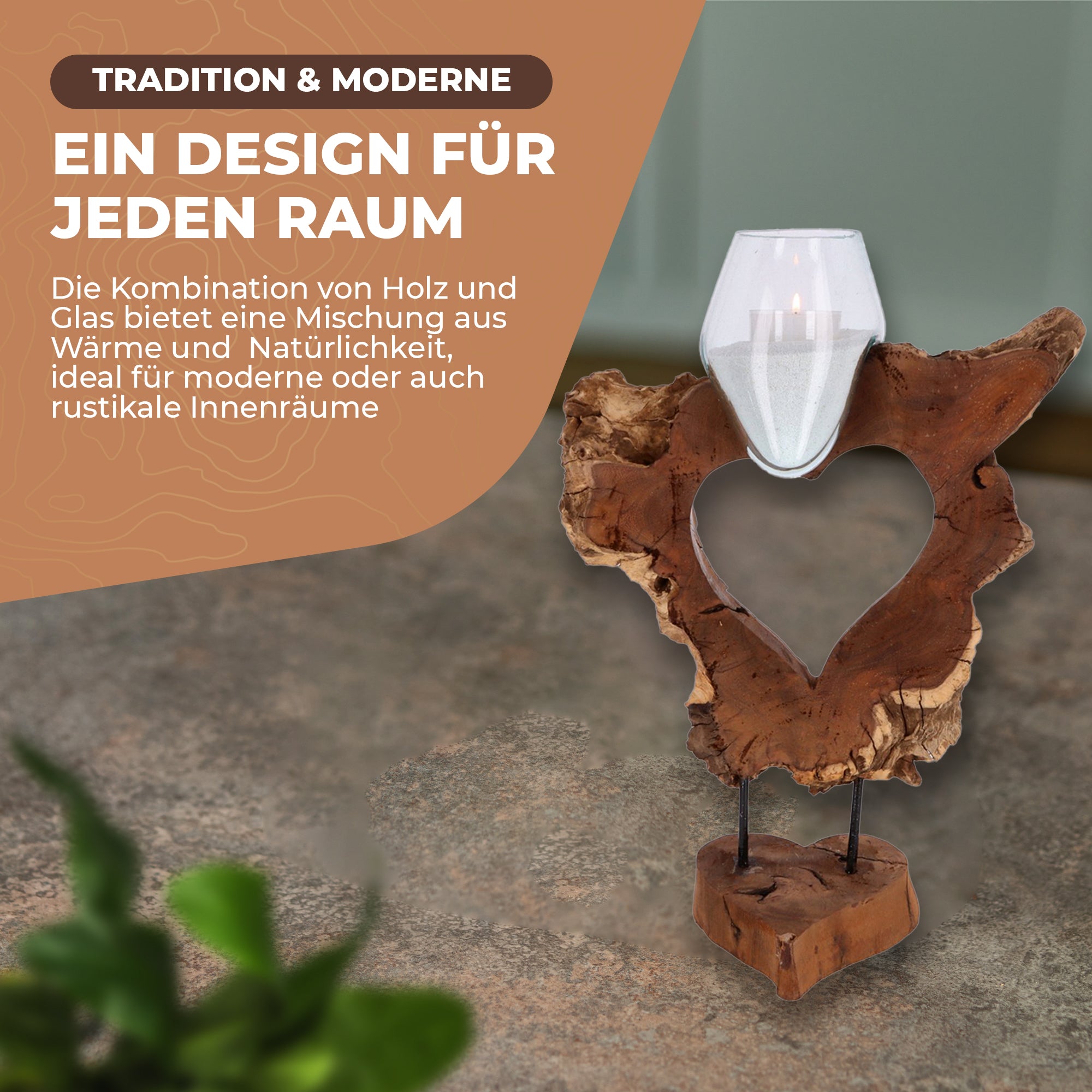 Herzskulptur aus Wurzelholz mit mundgeblasenem Glas – Handgefertigte Naturdeko, Teelichthalter, nachhaltige Boho-Dekoration