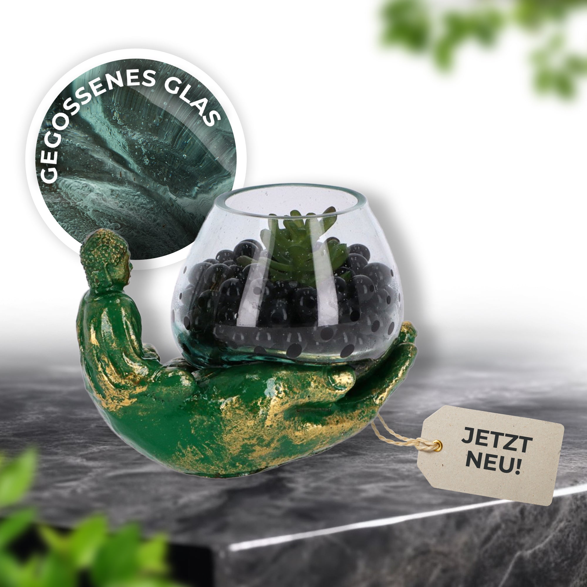 Handgefertigte Buddha-Hand mit mundgeblasenem Glas – Teelichthalter & Deko-Schale