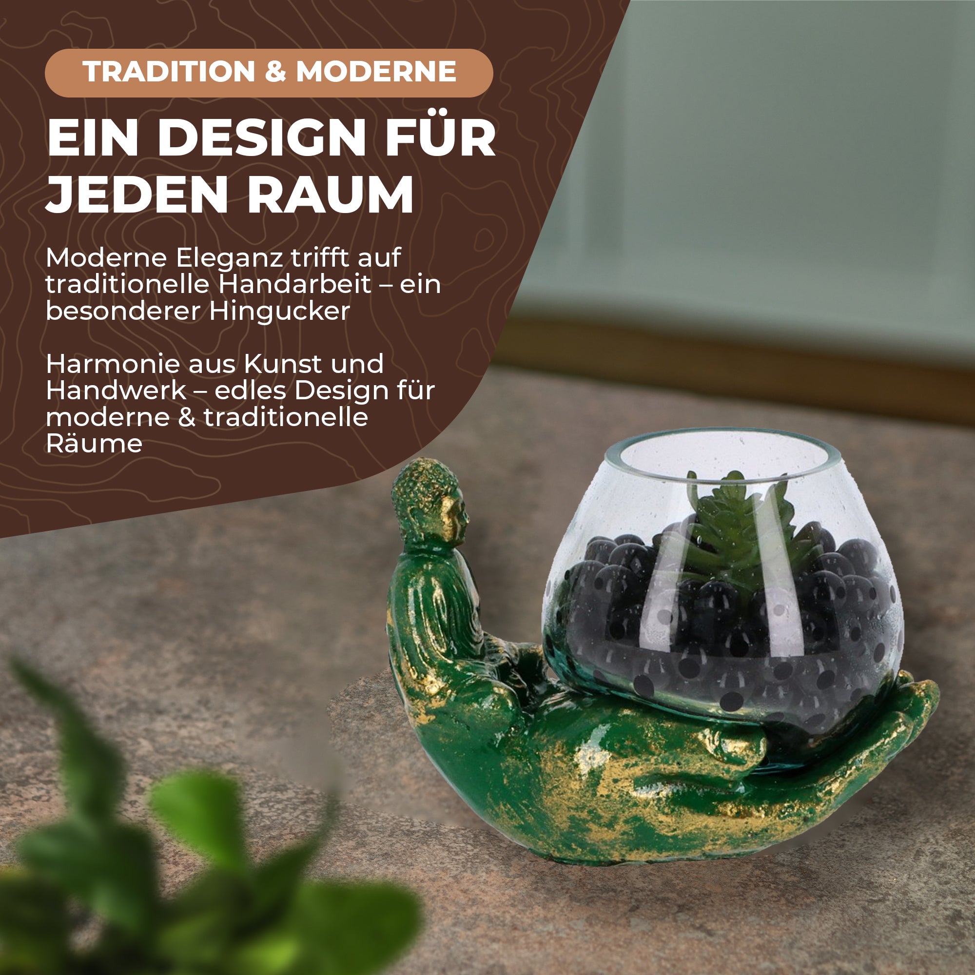 Handgefertigte Buddha-Hand mit mundgeblasenem Glas – Teelichthalter & Deko-Schale