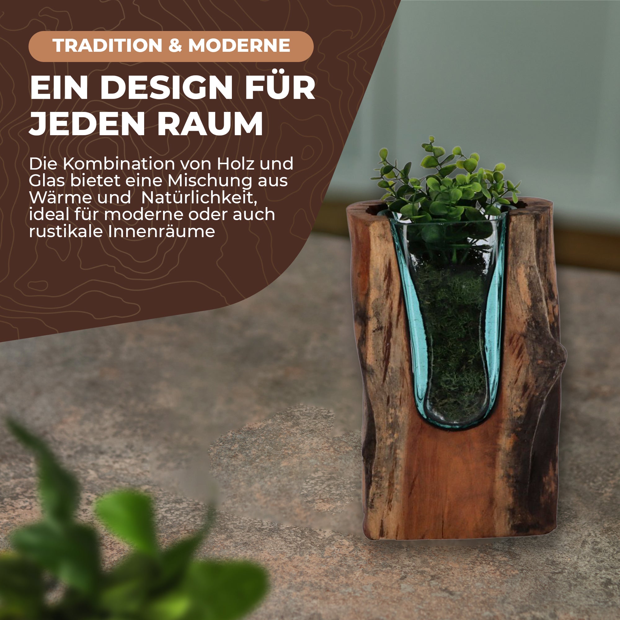 Designer-Vase aus Wurzelholz mit mundgeblasenem Glas – Handgefertigt und Nachhaltig U Vase (30cm)