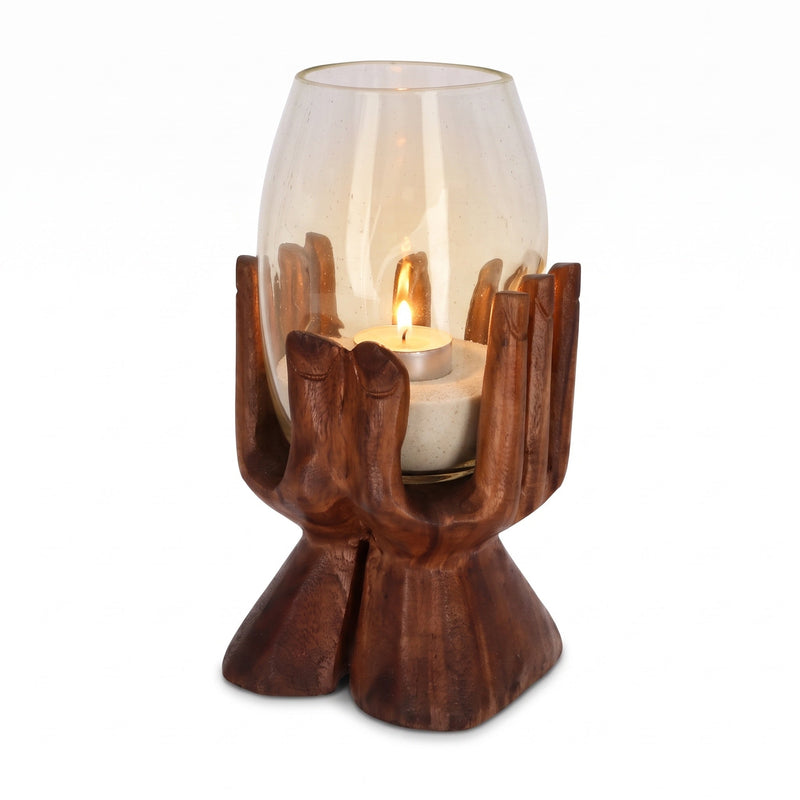 Teelichthalter Holz 30 cm aus Suarholz mit Glas und brennendem Teelicht als Geschenkidee aus Glas und Holz