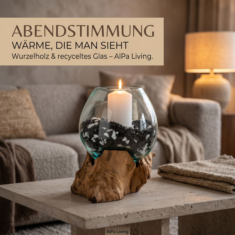 Windlicht aus Glas auf Wurzelholz mit Kerze als Herbstdeko auf dem Couchtisch in gemütlicher Abendstimmung