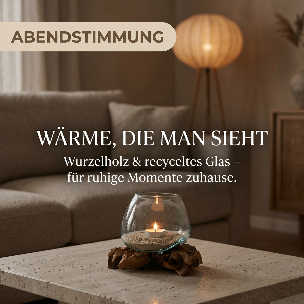 Windlicht aus Glas auf Wurzelholz auf dem Couchtisch in einem Japandi-Wohnzimmer am Abend
