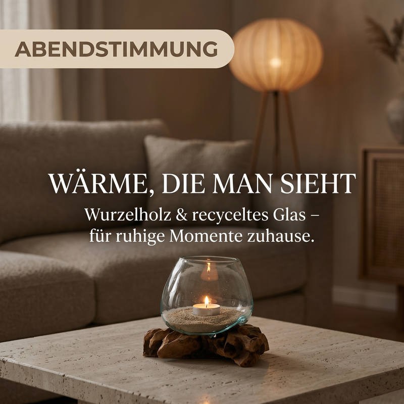 Windlicht aus Glas auf Wurzelholz auf dem Couchtisch in einem Japandi-Wohnzimmer am Abend