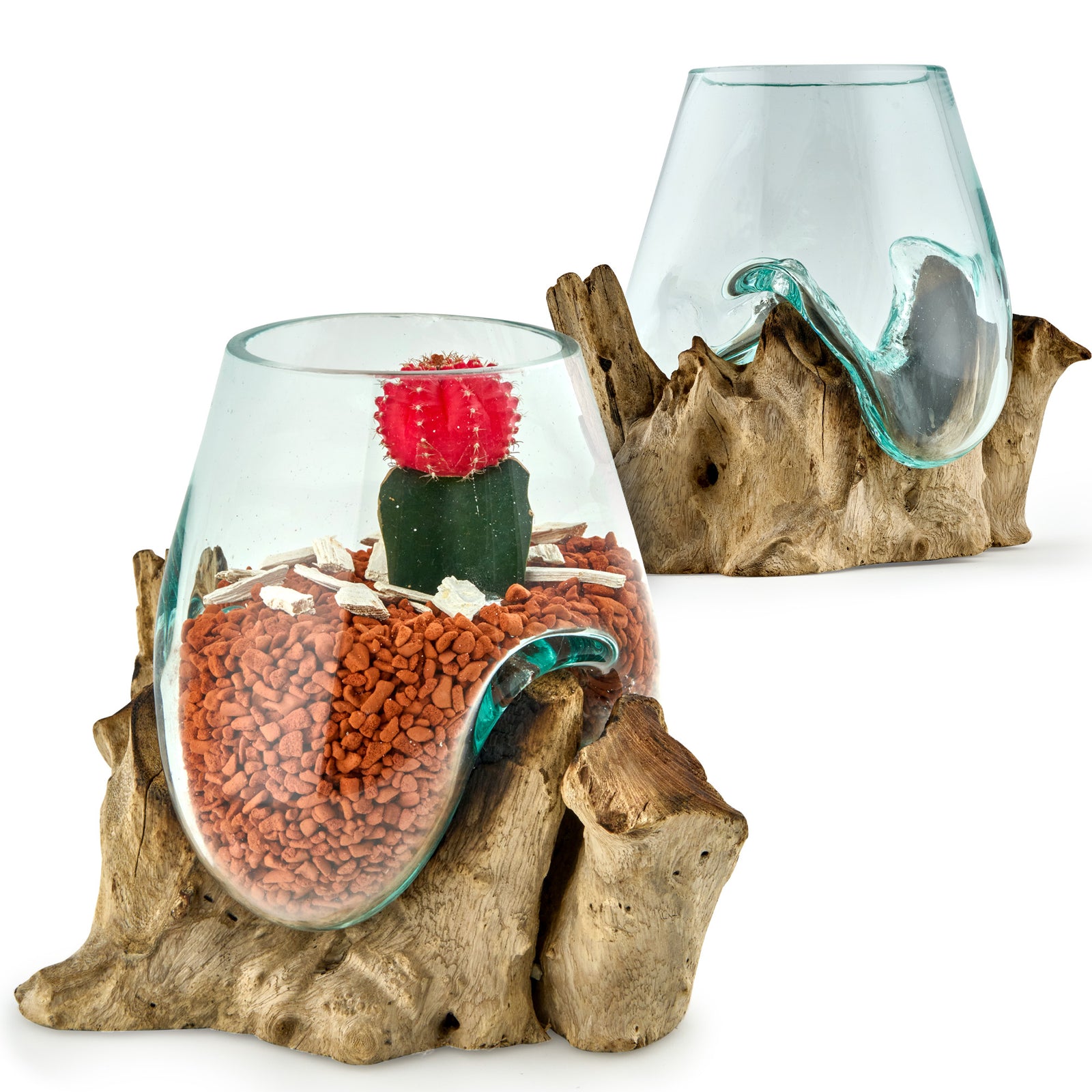 Dekoartikel aus Glas und Wurzelholz