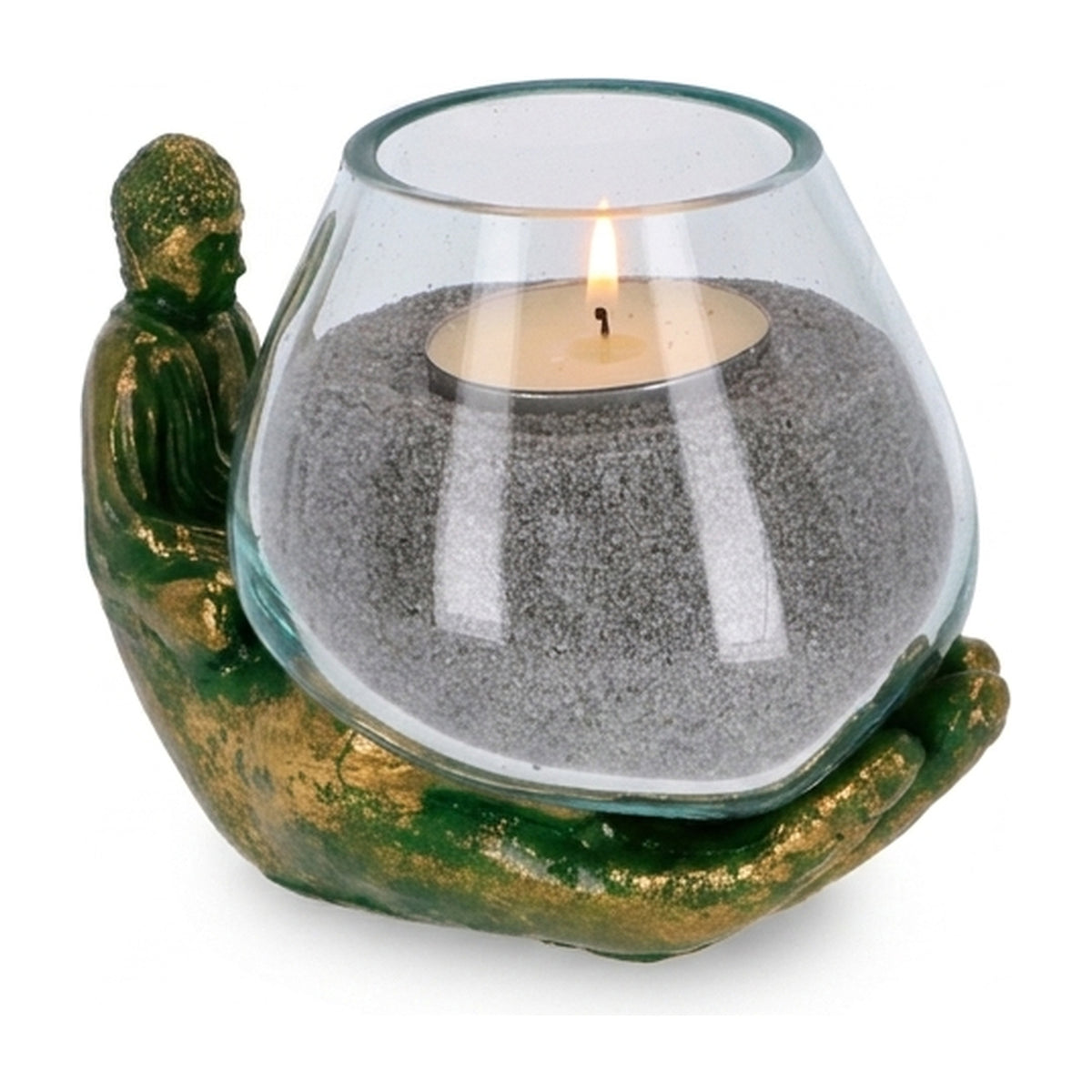 Teelichthalter Buddha Hand in Grün-Gold mit brennendem Teelicht im mundgeblasenen recycelten Glas