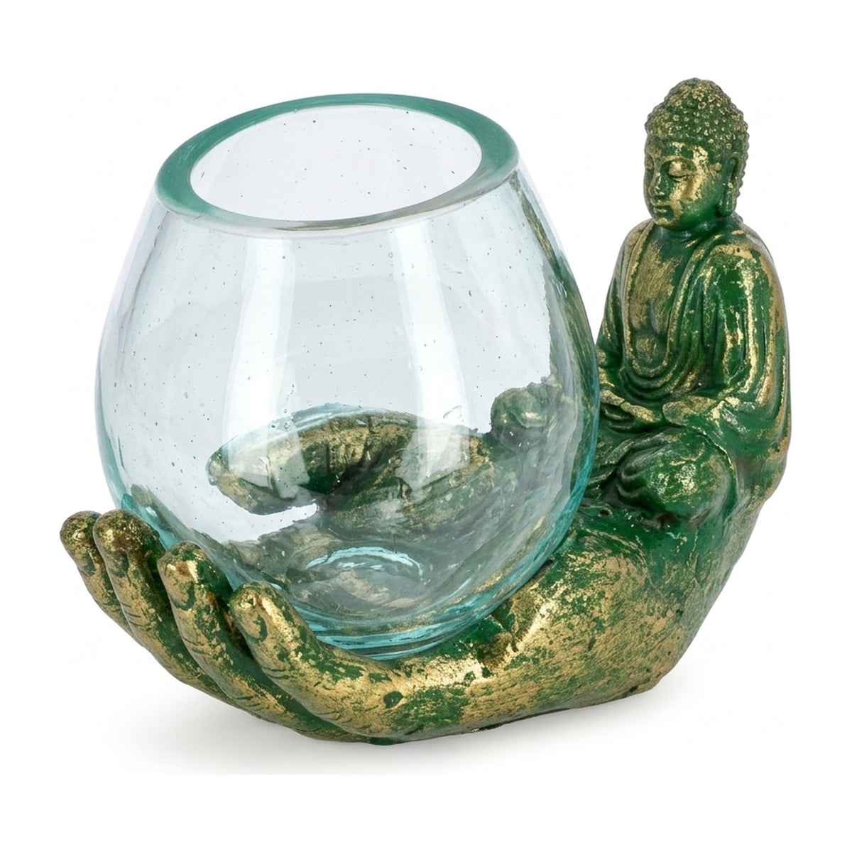 Buddha Hand Grün-Gold mit leerem mundgeblasenem Glas, freigestellt auf Weiß