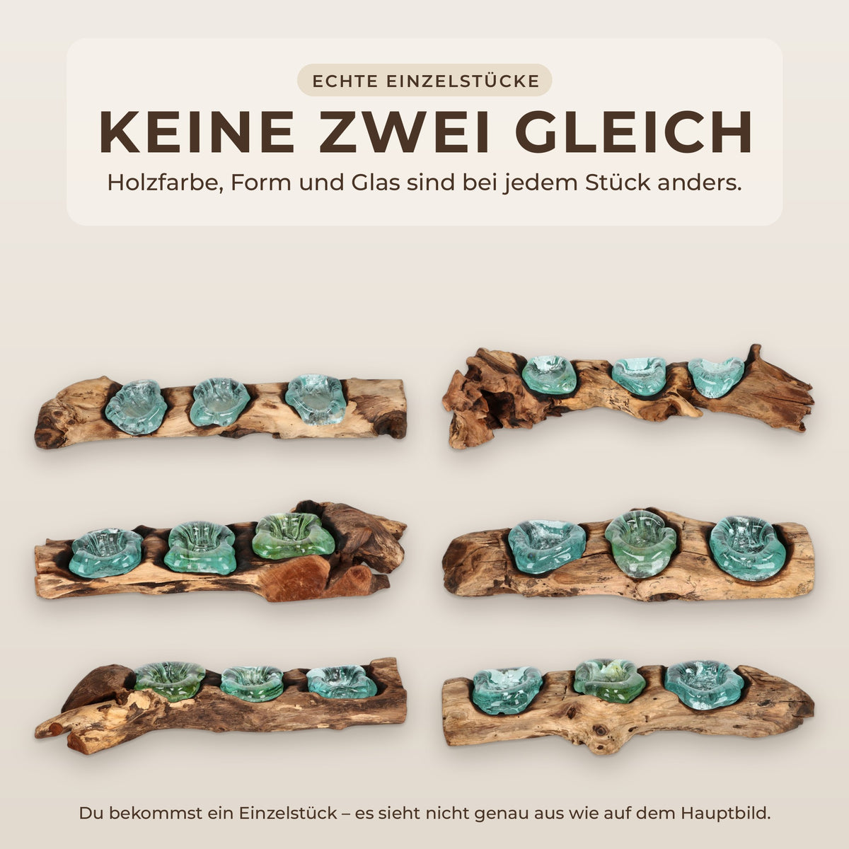 Sechs echte Einzelstücke des Teelichthalters aus Wurzelholz nebeneinander – keine zwei gleich in Holzfarbe, Form und Glas