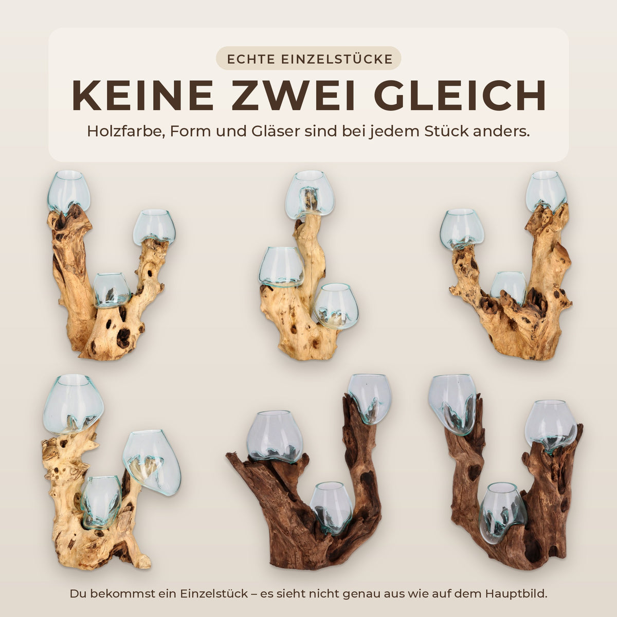 Sechs verschiedene Wurzelholz-Skulpturen mit drei Gläsern nebeneinander, helles und dunkles Holz – jedes Stück ein Unikat