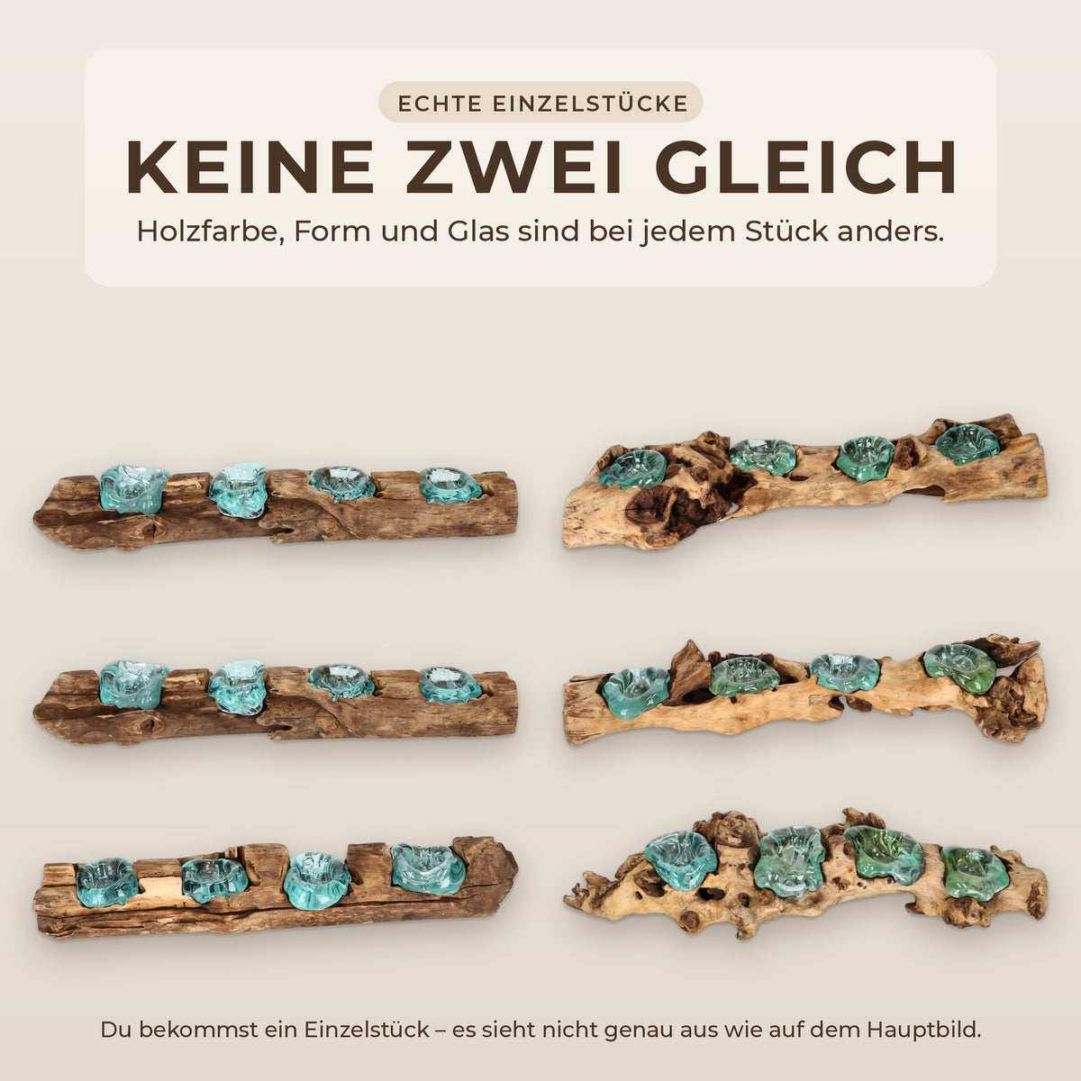 Sechs echte Einzelstücke des Teelichthalters aus Wurzelholz mit vier Gläsern – keine zwei gleich in Holzfarbe, Form und Glas