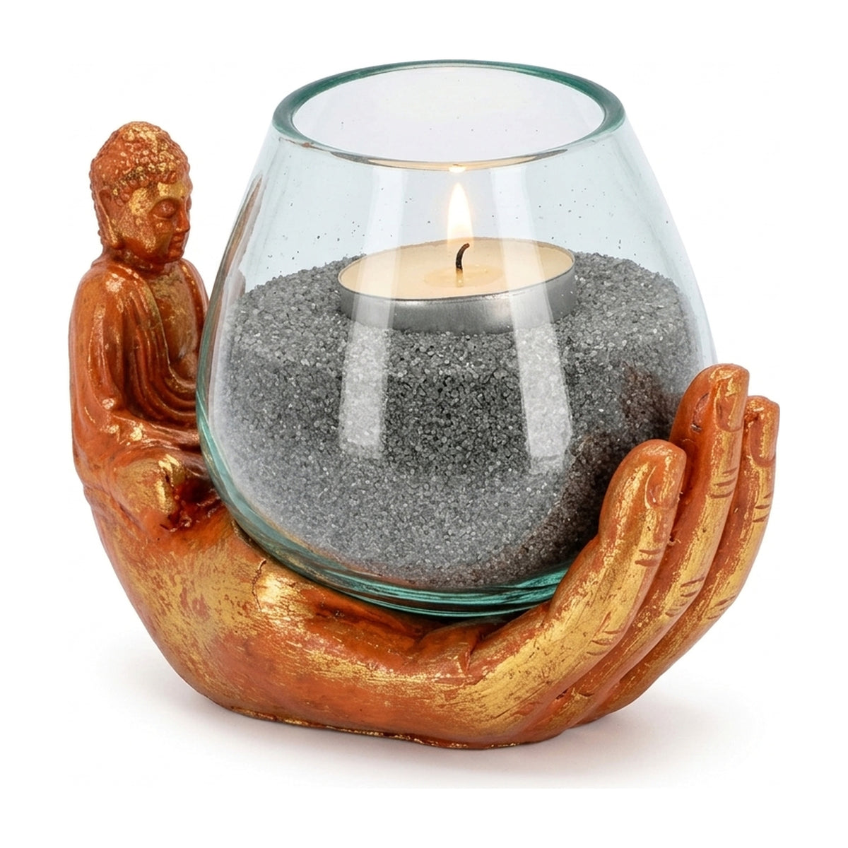 Teelichthalter Buddha Hand in Orange-Gold mit brennendem Teelicht im mundgeblasenen recycelten Glas