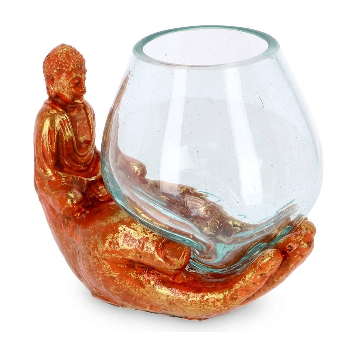Buddha Hand Orange-Gold mit leerem mundgeblasenem Glas, freigestellt auf Weiß