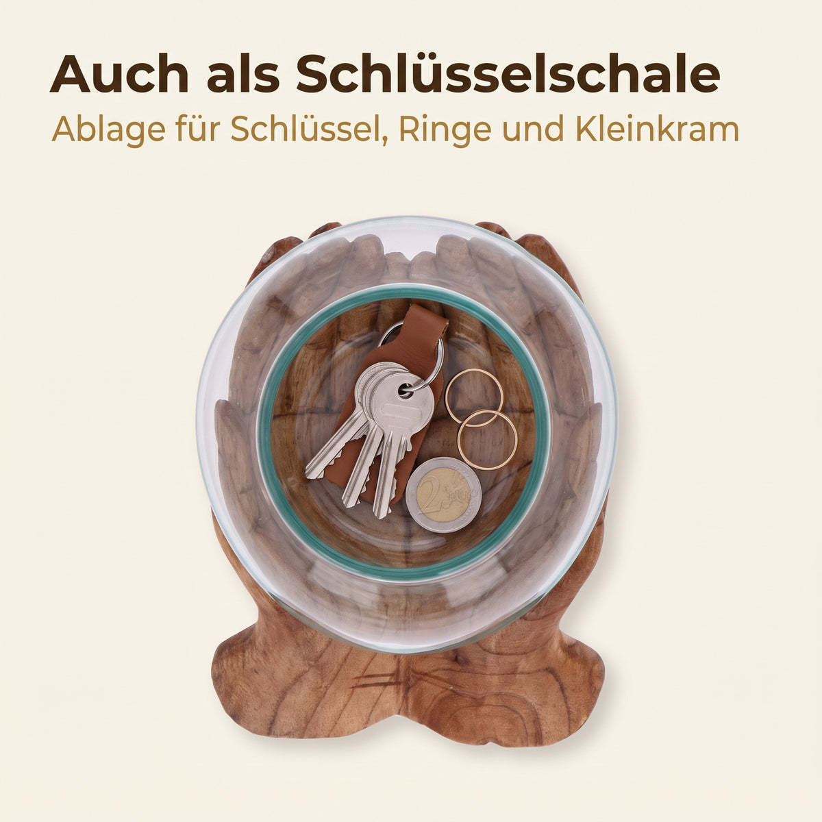 Schlüsselschale Holzhand mit Glasschale – Dekoschale Holz, Unikat