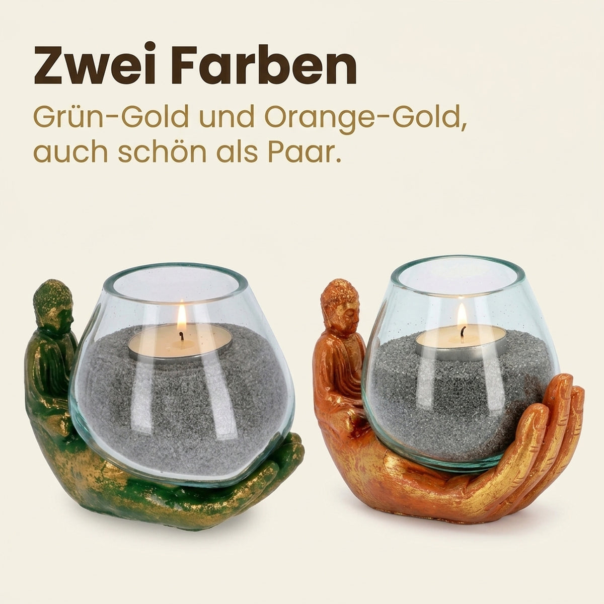 Buddha Hand Teelichthalter in Grün-Gold und Orange-Gold nebeneinander im Farbvergleich