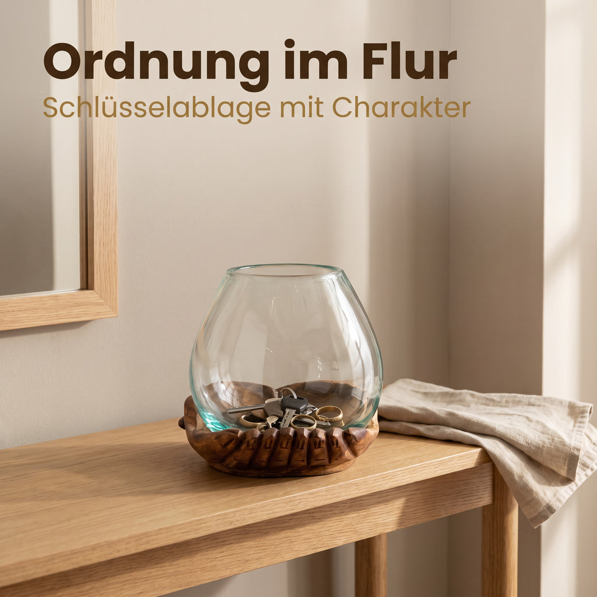 Schlüsselschale Holzhand mit Glasschale – Dekoschale Holz, Unikat