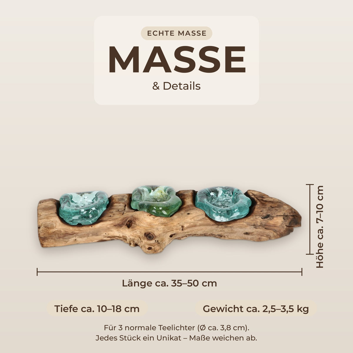 Maße des Teelichthalters: Länge ca. 35–50 cm, Höhe ca. 7–10 cm, Tiefe ca. 10–18 cm, Gewicht ca. 2,5–3,5 kg