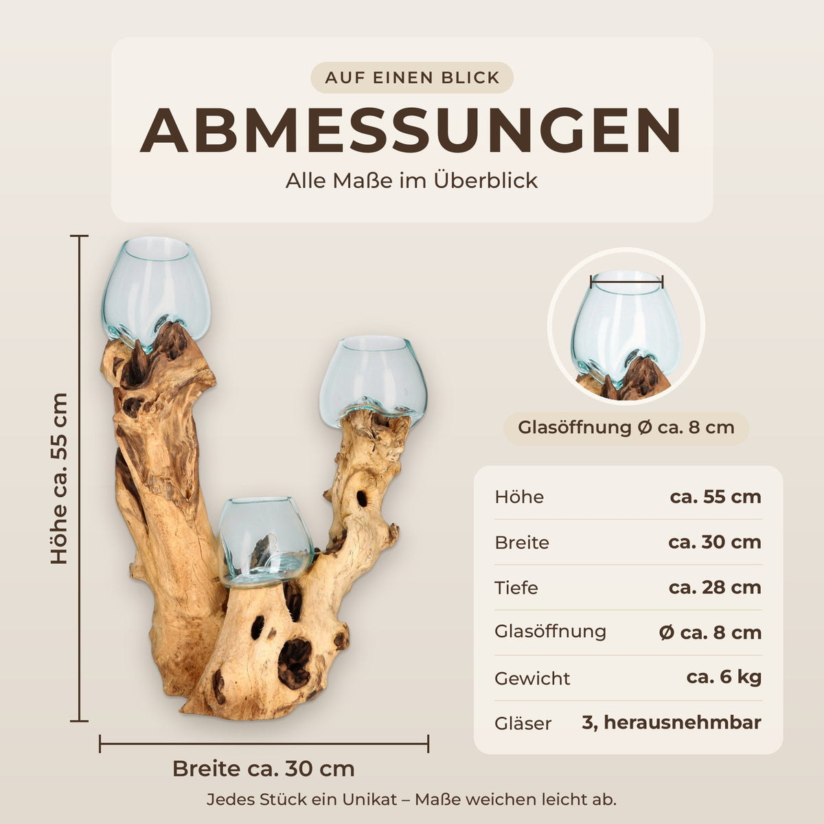 Abmessungen der Wurzelholz-Skulptur: Höhe ca. 55 cm, Breite ca. 30 cm, Tiefe ca. 28 cm, Glasöffnung ca. 8 cm, Gewicht ca. 6 kg