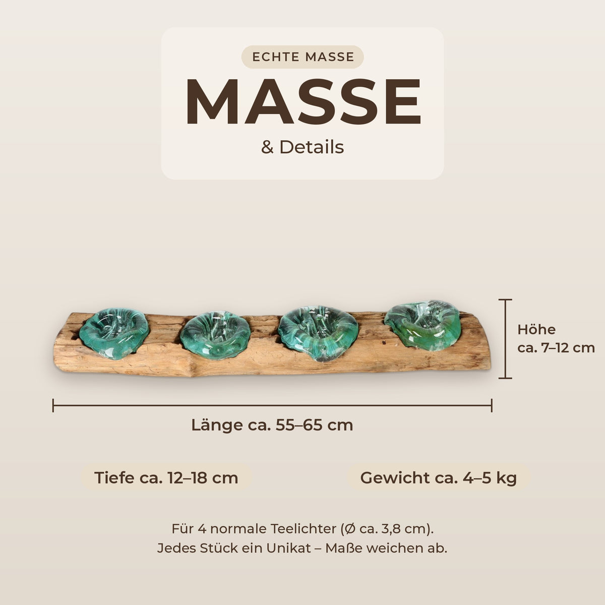 Maße des Teelichthalters: Länge ca. 55–65 cm, Höhe ca. 7–12 cm, Tiefe ca. 12–18 cm, Gewicht ca. 4–5 kg