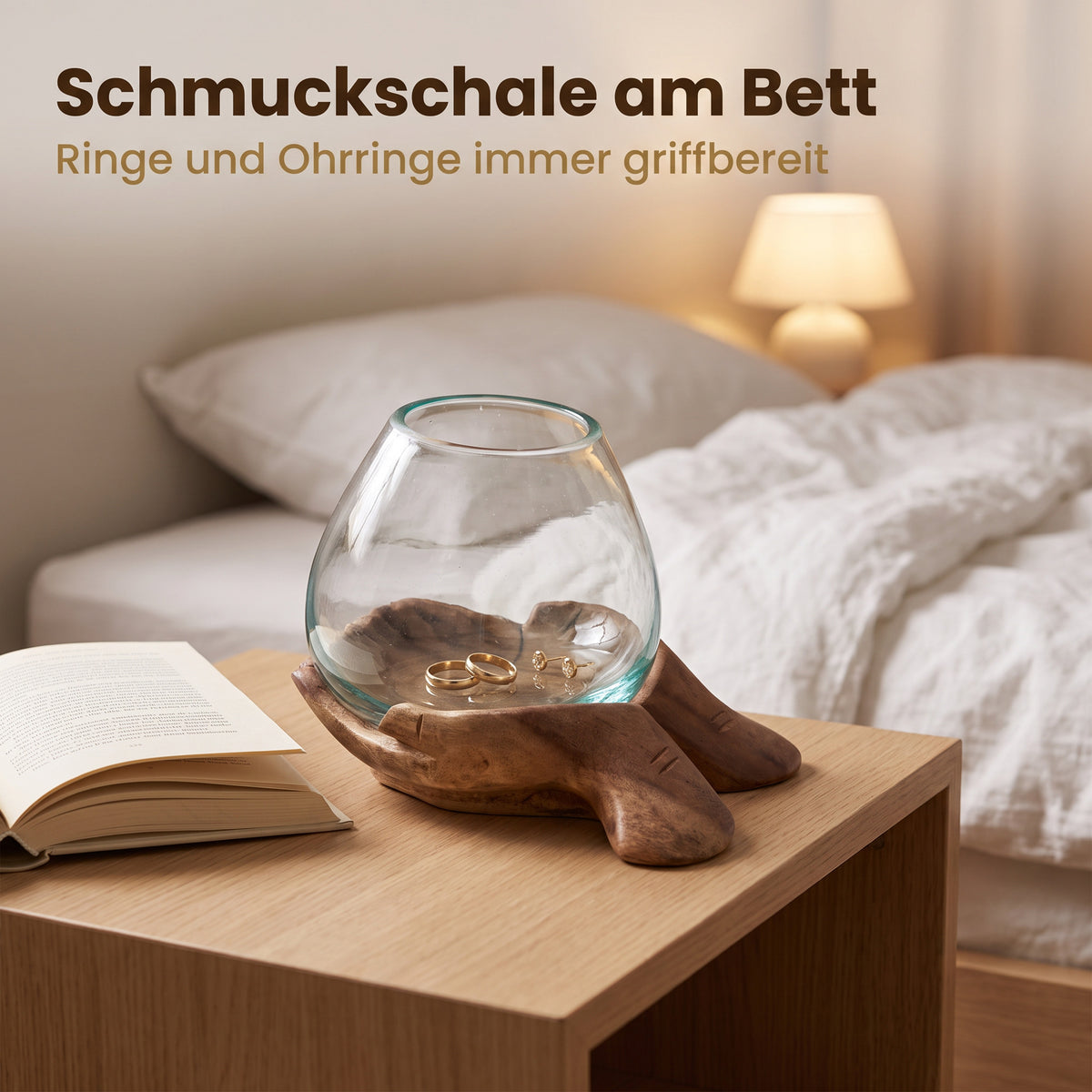 Schlüsselschale Holzhand mit Glasschale – Dekoschale Holz, Unikat