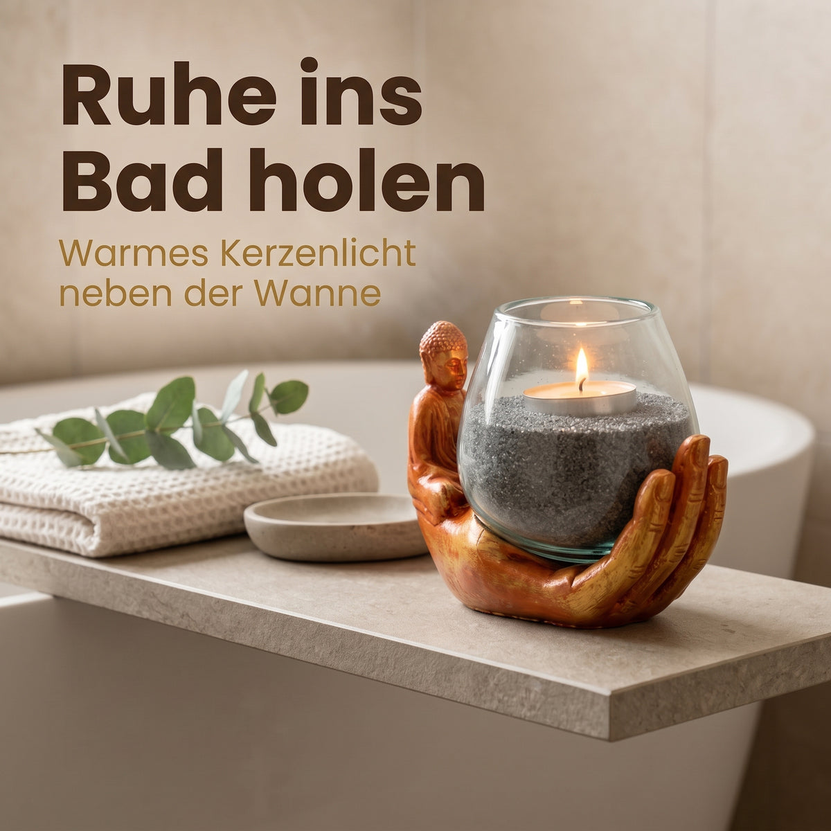 Teelichthalter Buddha Hand im Badezimmer auf der Ablage neben der Badewanne