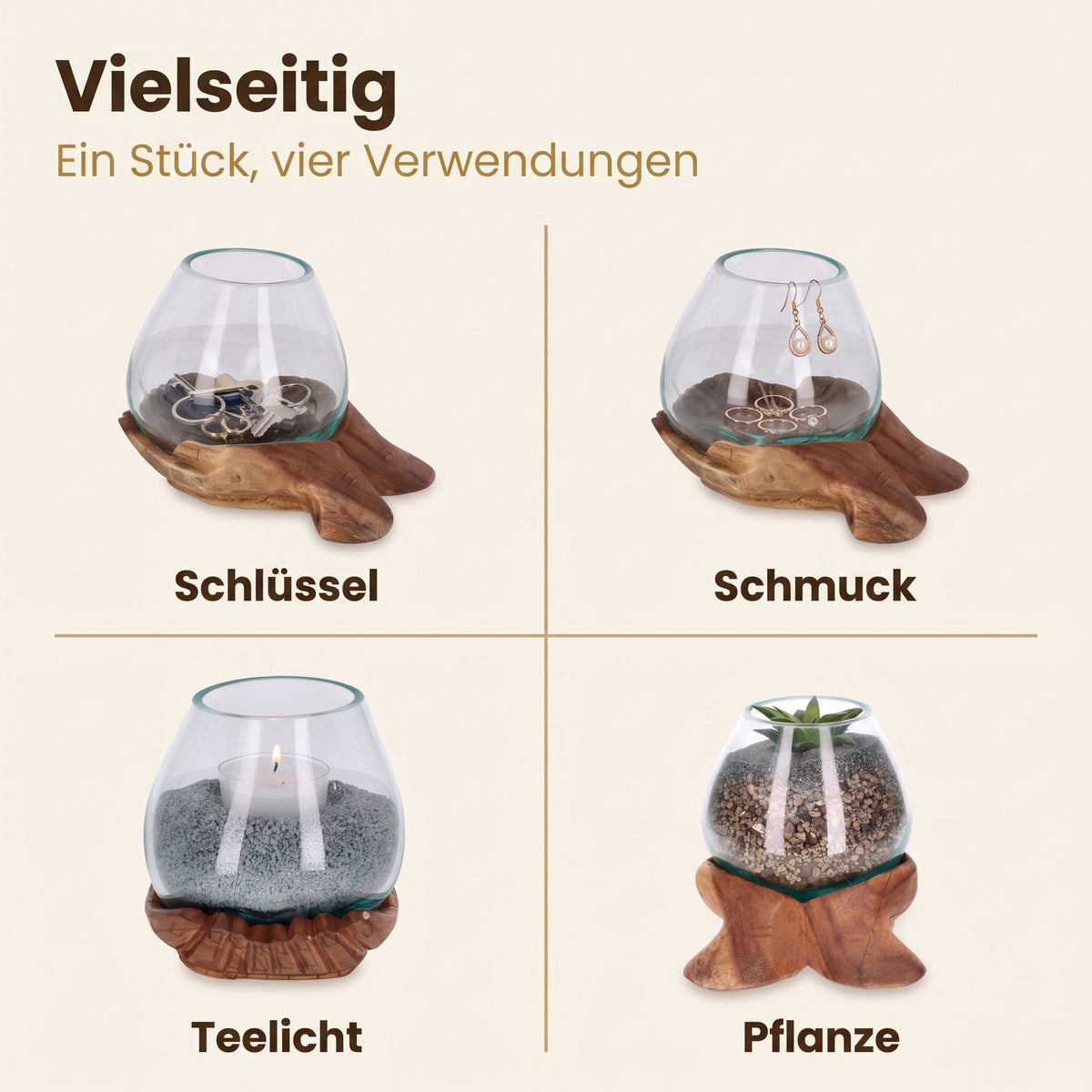 Schlüsselschale Holzhand mit Glasschale – Dekoschale Holz, Unikat
