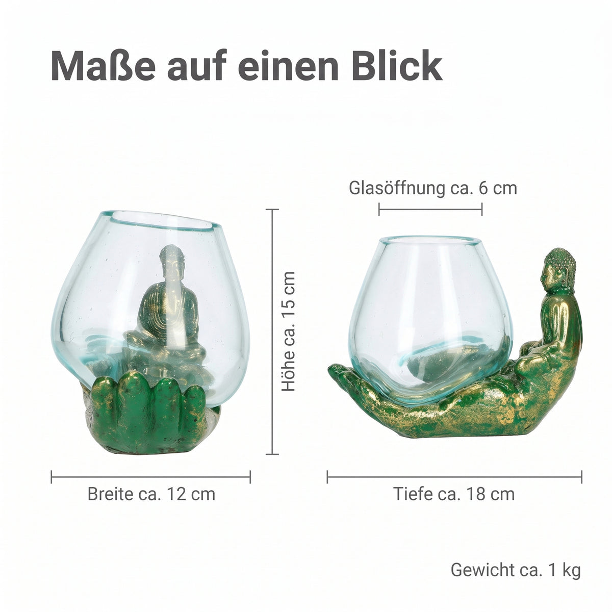 Maße: Höhe ca. 15 cm, Breite ca. 12 cm, Tiefe ca. 18 cm, Glasöffnung ca. 6 cm, Gewicht ca. 1 kg