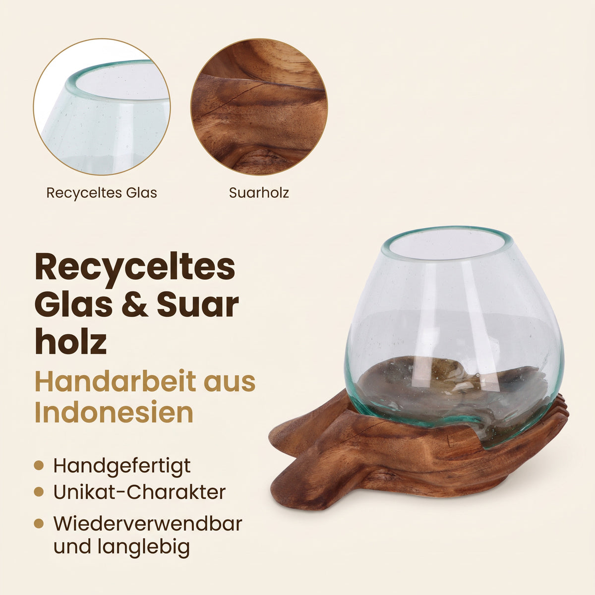 Schlüsselschale Holzhand mit Glasschale – Dekoschale Holz, Unikat