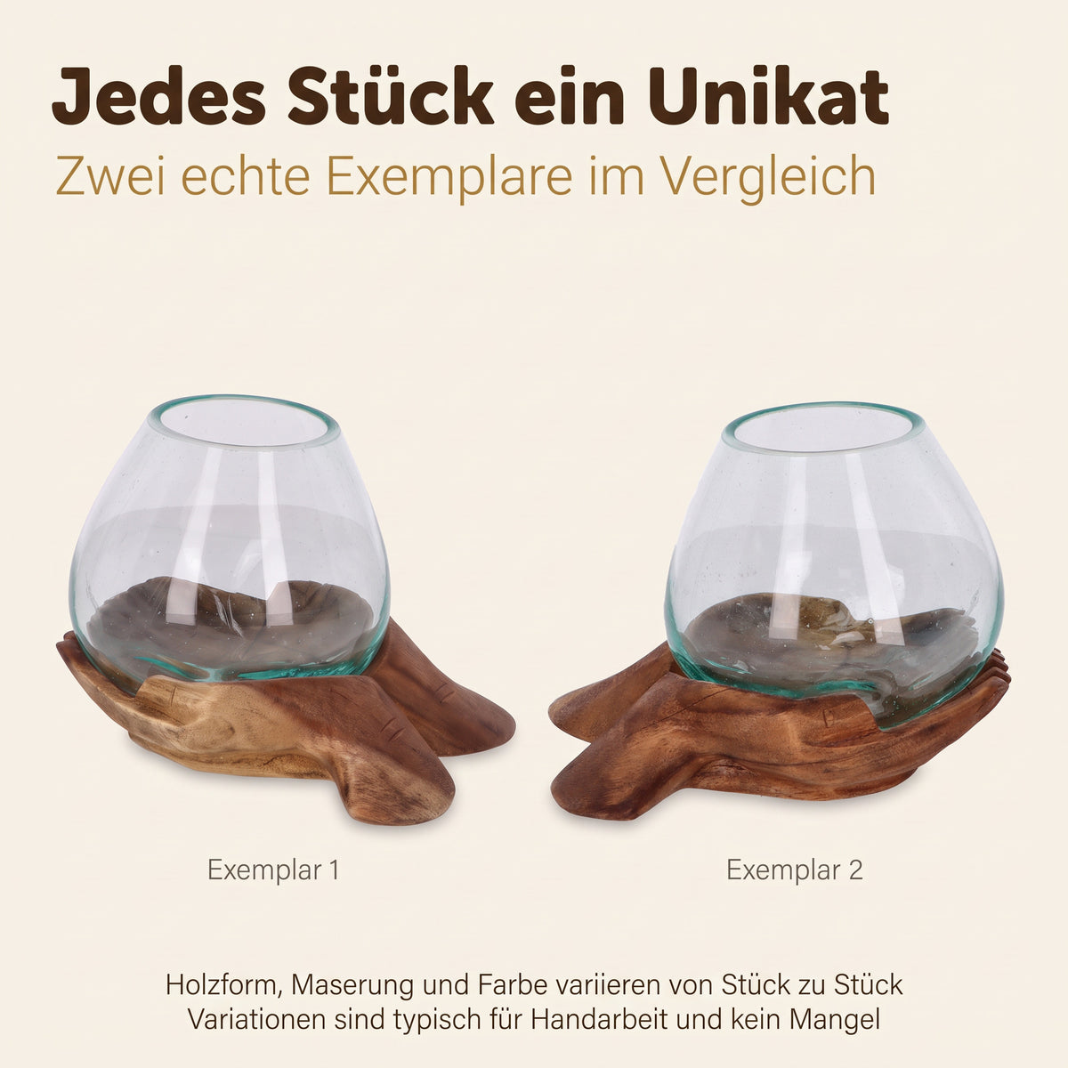 Schlüsselschale Holzhand mit Glasschale – Dekoschale Holz, Unikat