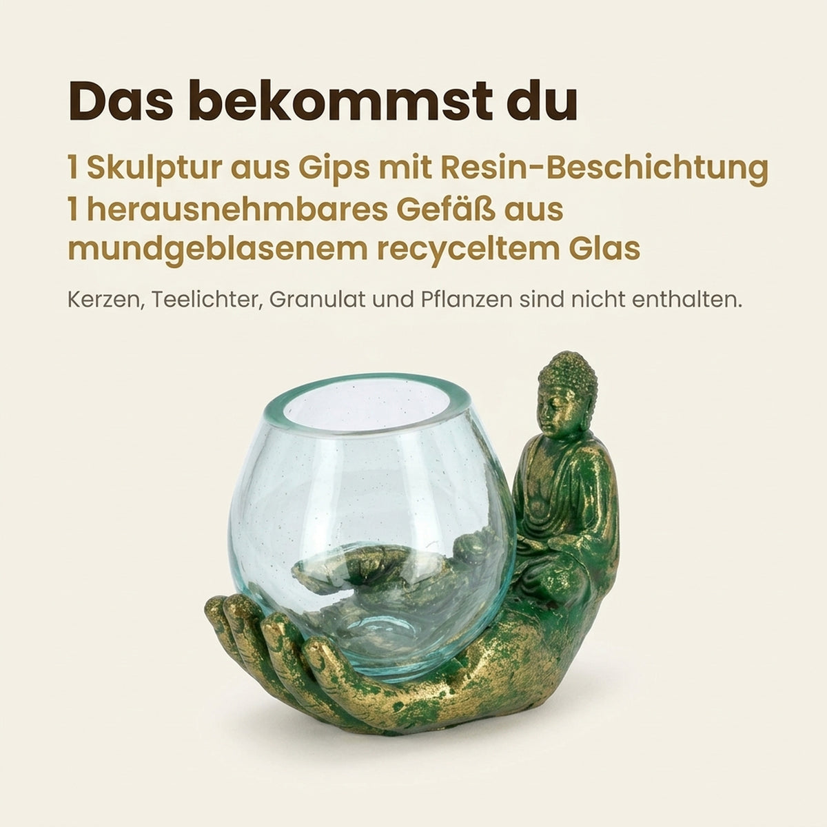 Lieferumfang: eine Skulptur mit herausnehmbarem Glasgefäß, Kerzen nicht enthalten